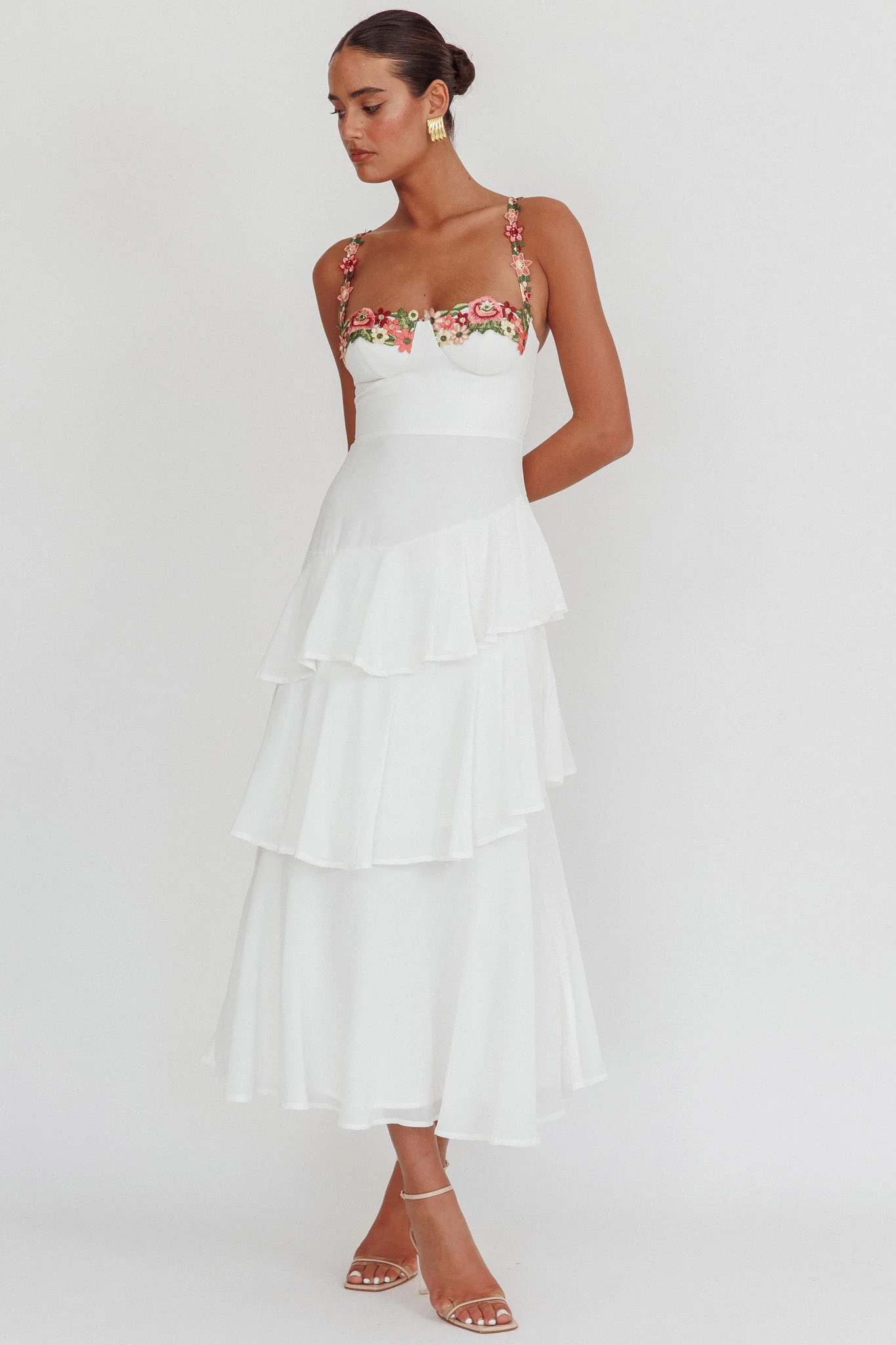 Rose Garden Tiered Ruffle Floral Trim Maxi Dress White - Image 5