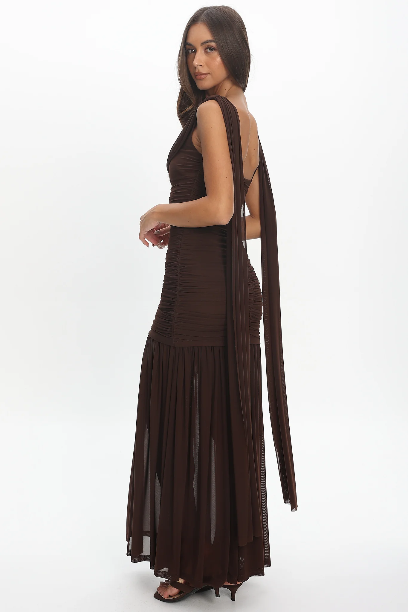 Rosellea Draped Shoulder Maxi Dress Chocolate - Image 3