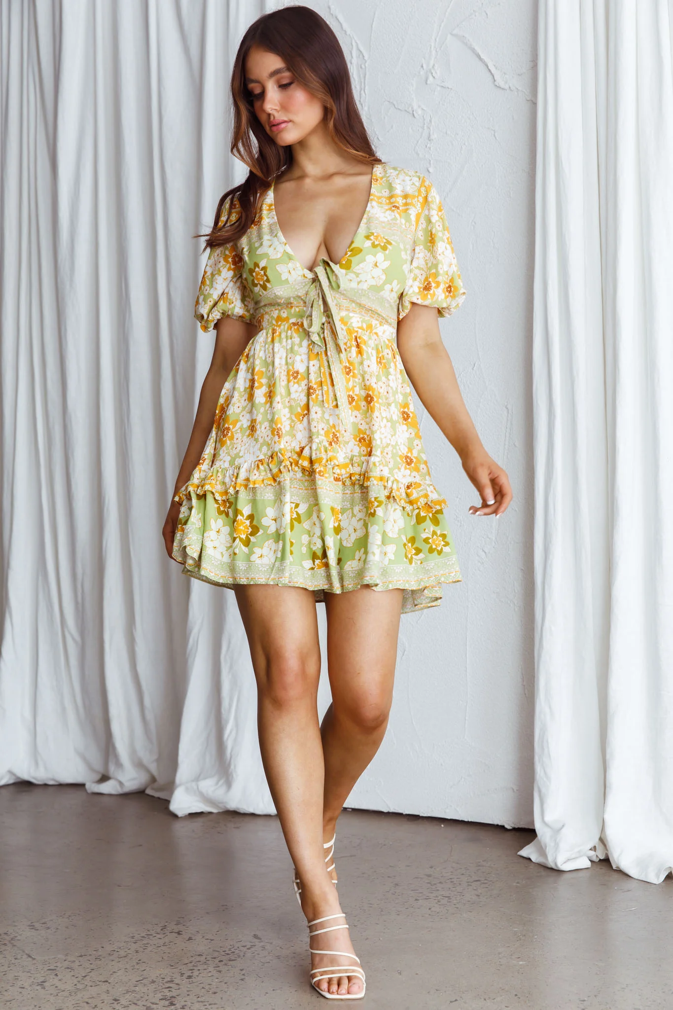 Rosy Tied Bust Mini Dress Floral Apple/Yellow - Image 6