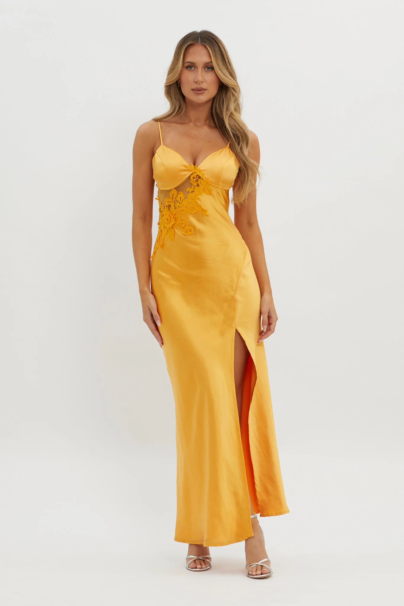 Roxana Applique Trim Split Maxi Dress Orange - Image 5