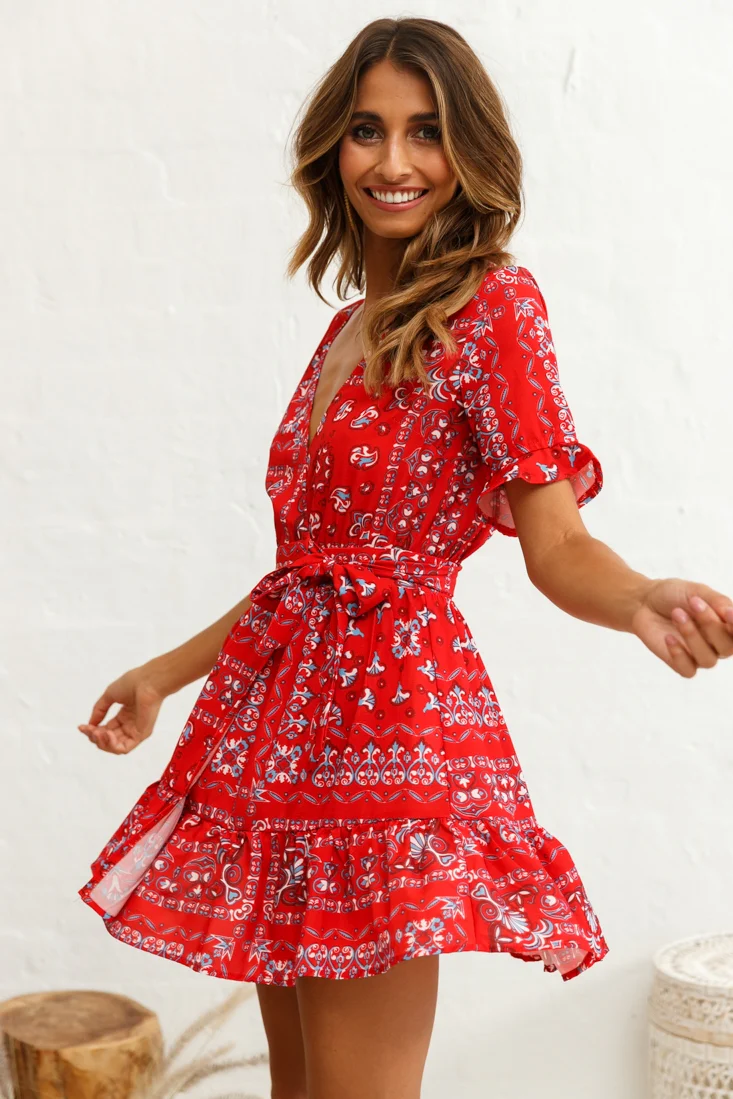 Rubi V-Neckline Wrap Dress Pattern Print Red - Image 5