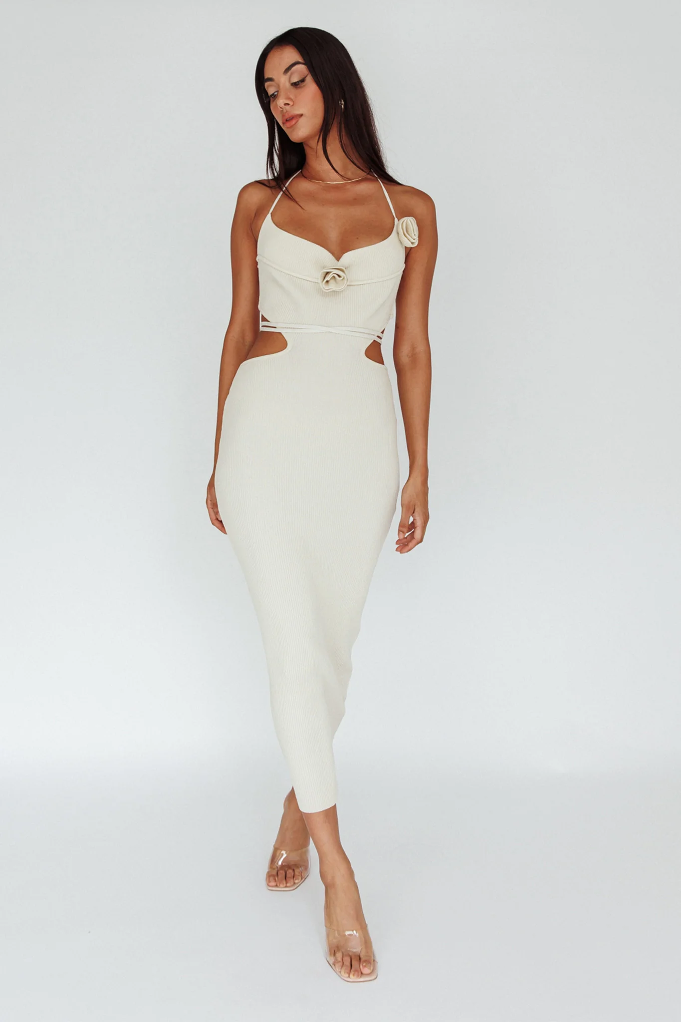 Rue Rose Accent Ribbed Knit Midi Dress Beige - Image 4