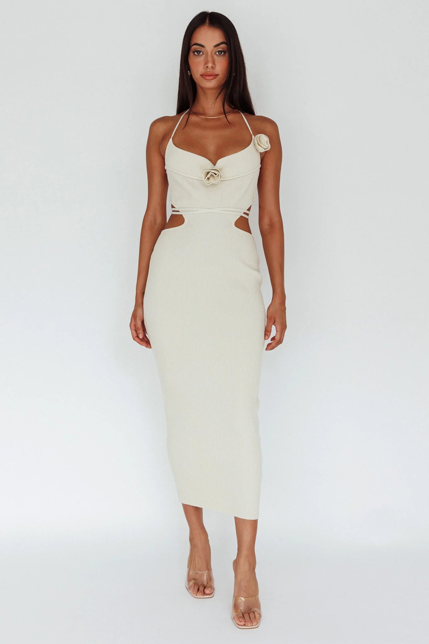 Rue Rose Accent Ribbed Knit Midi Dress Beige - Image 6