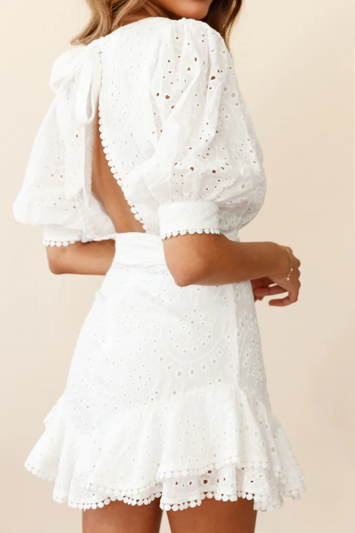 Ruth Puff Sleeve Open Back Broderie Anglaise Dress White - Image 3