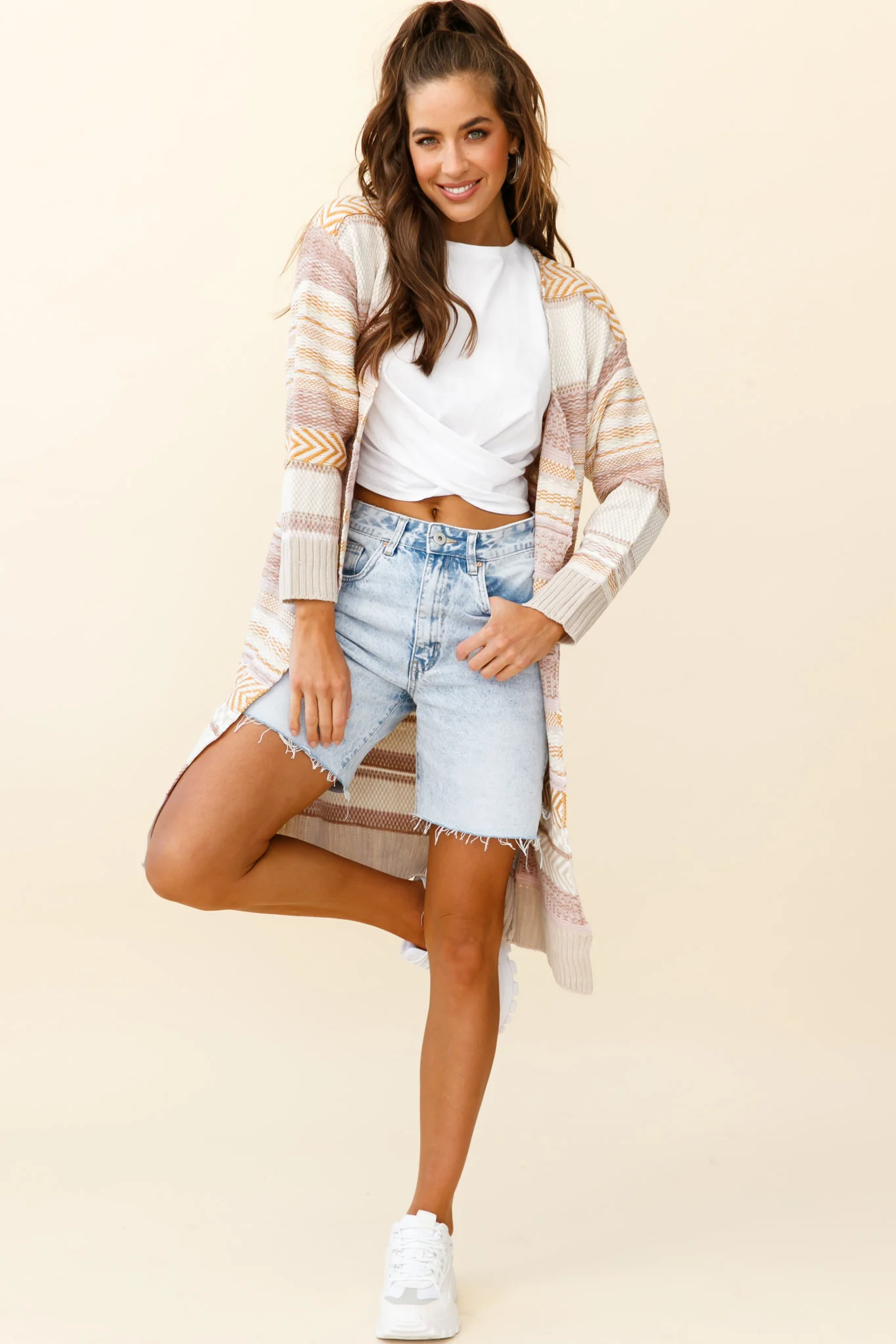 Sabine Long Line Textured Knit Cardigan Beige - Image 2