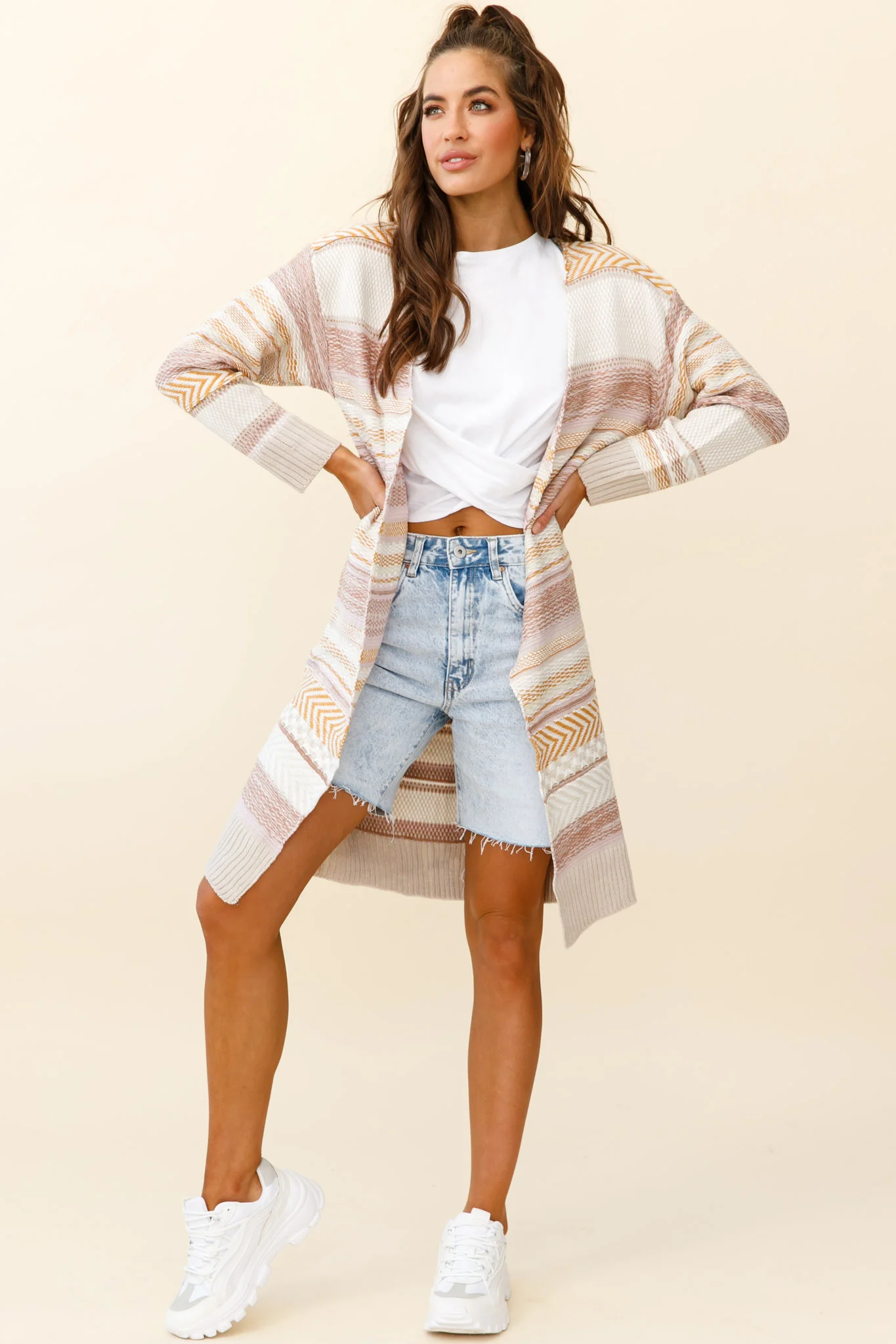 Sabine Long Line Textured Knit Cardigan Beige - Image 7