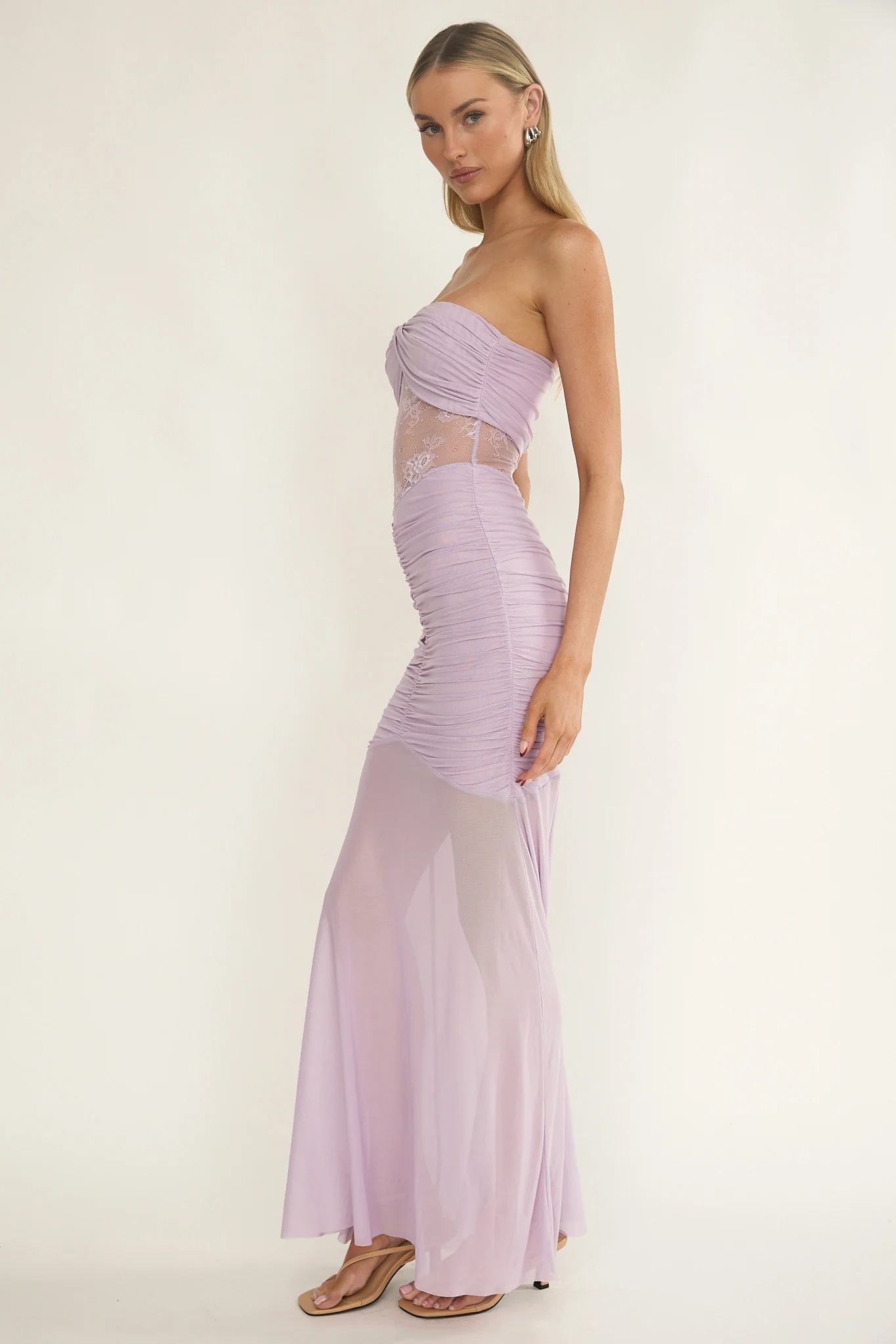 Sade Strapless Sheer Panel Ruched Maxi Dress Lilac - Image 7