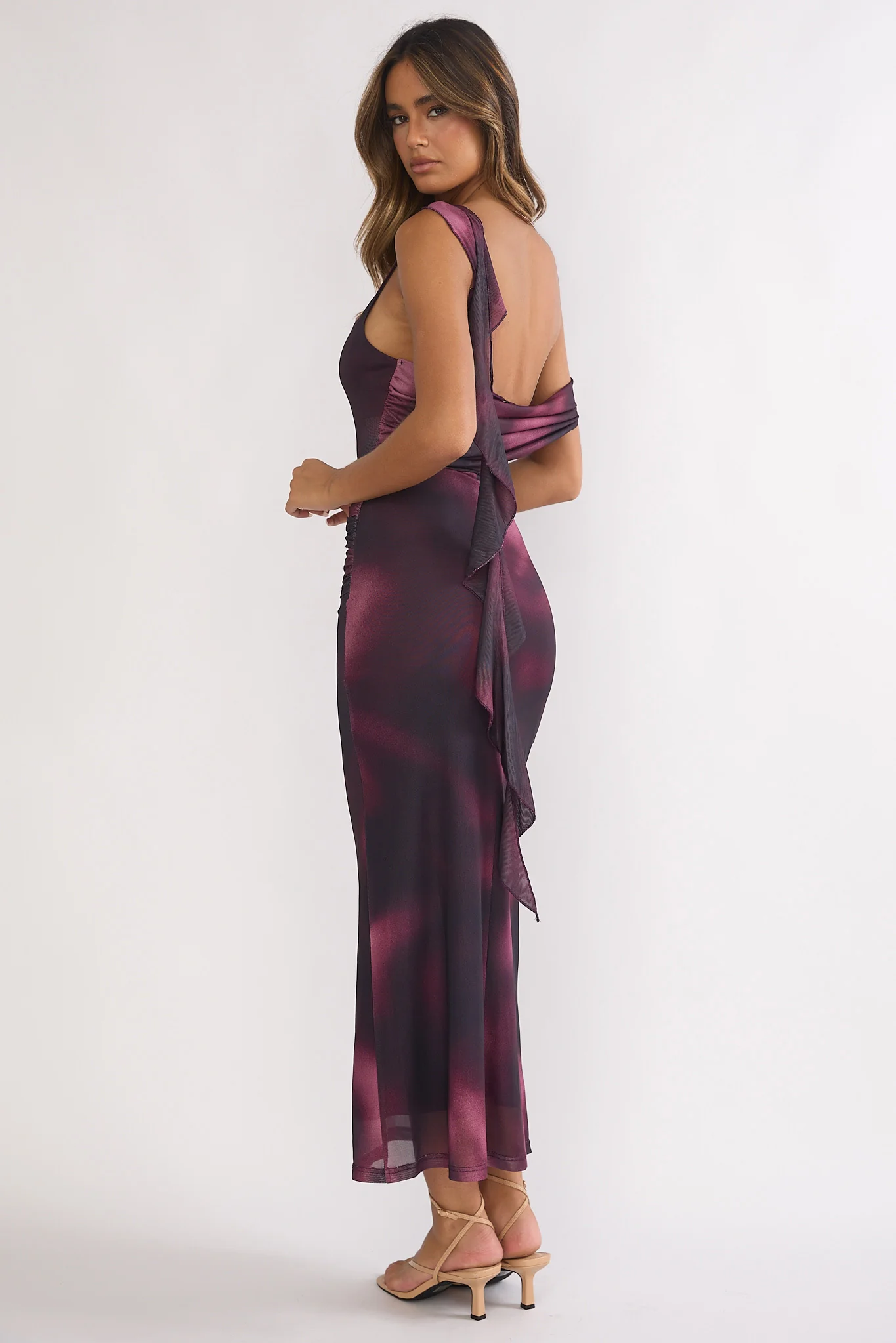 Saffra Shoulder Sash Ruched Maxi Dress Print Wine - Image 3