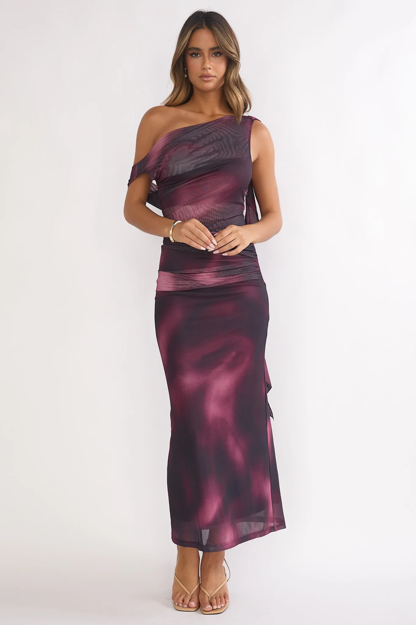 Saffra Shoulder Sash Ruched Maxi Dress Print Wine - Image 4