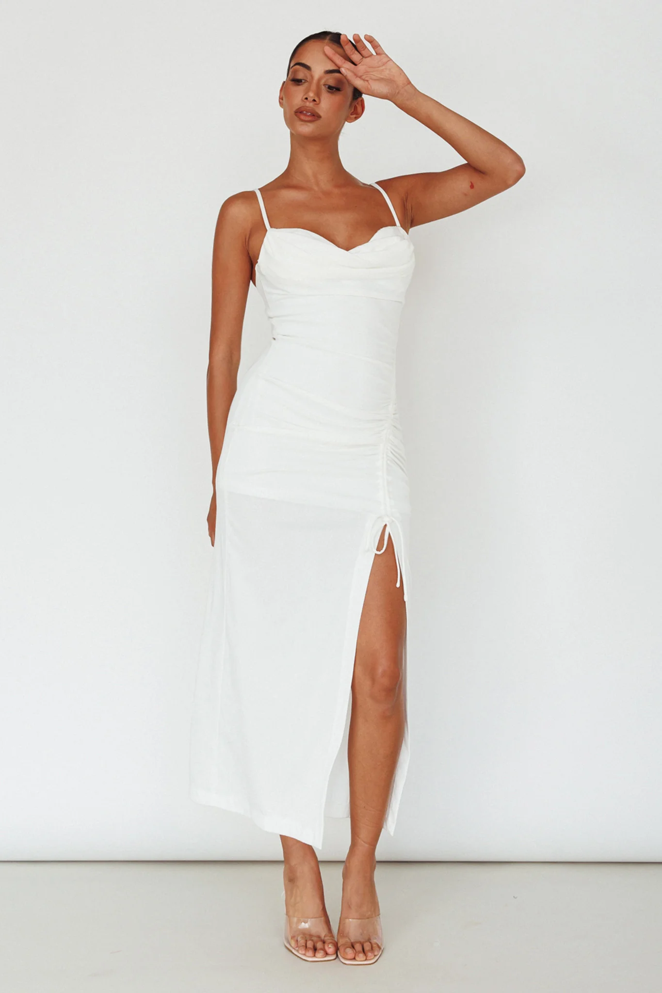 Samba Night Drawstring Ruched Midi Dress White - Image 7