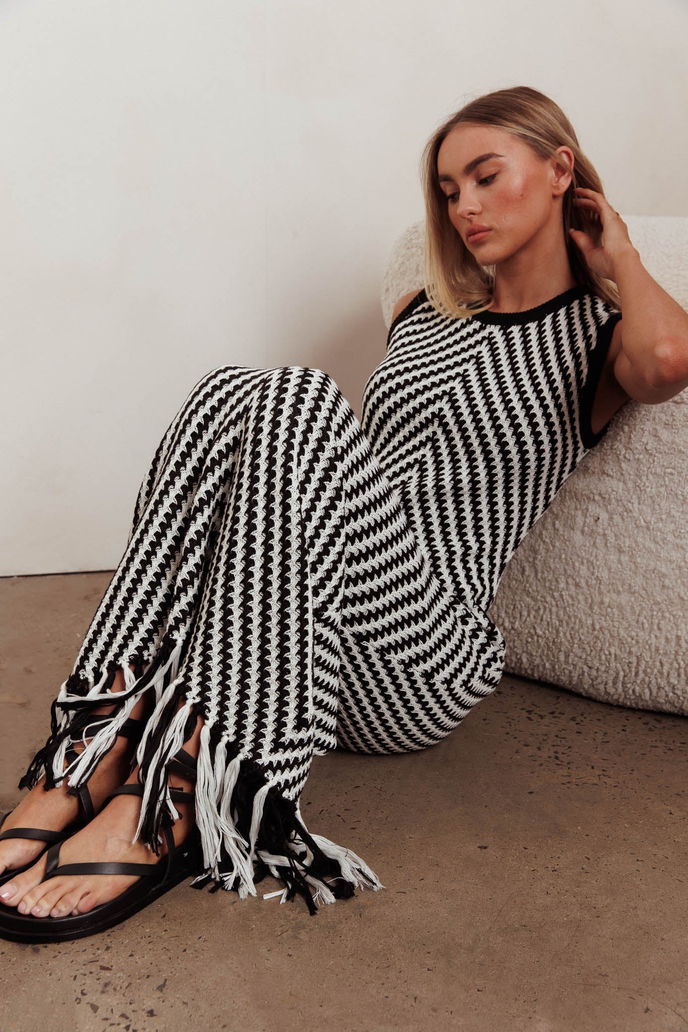 Same Place Fringed Knit Maxi Dress Black - Image 2