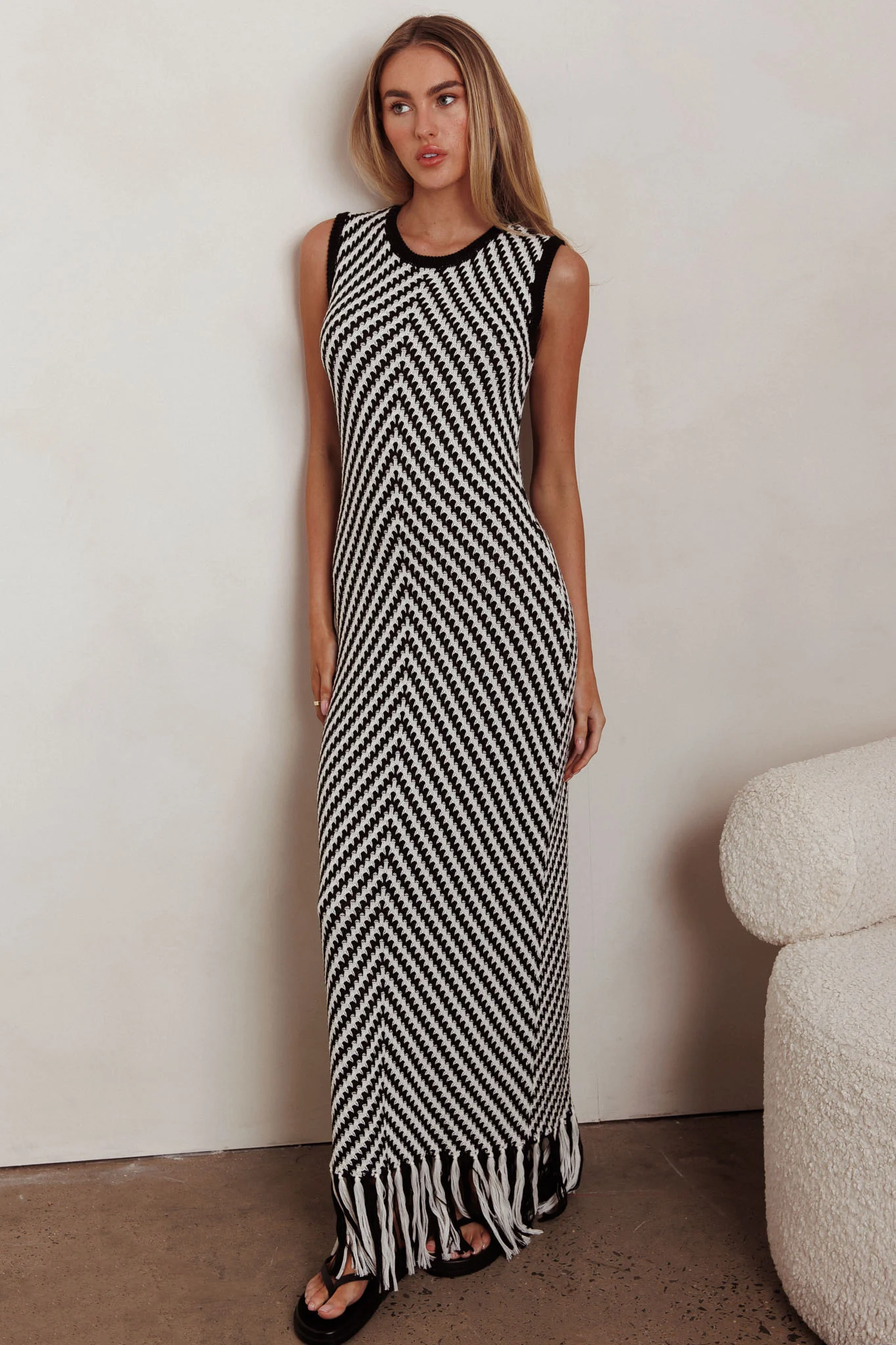 Same Place Fringed Knit Maxi Dress Black - Image 5