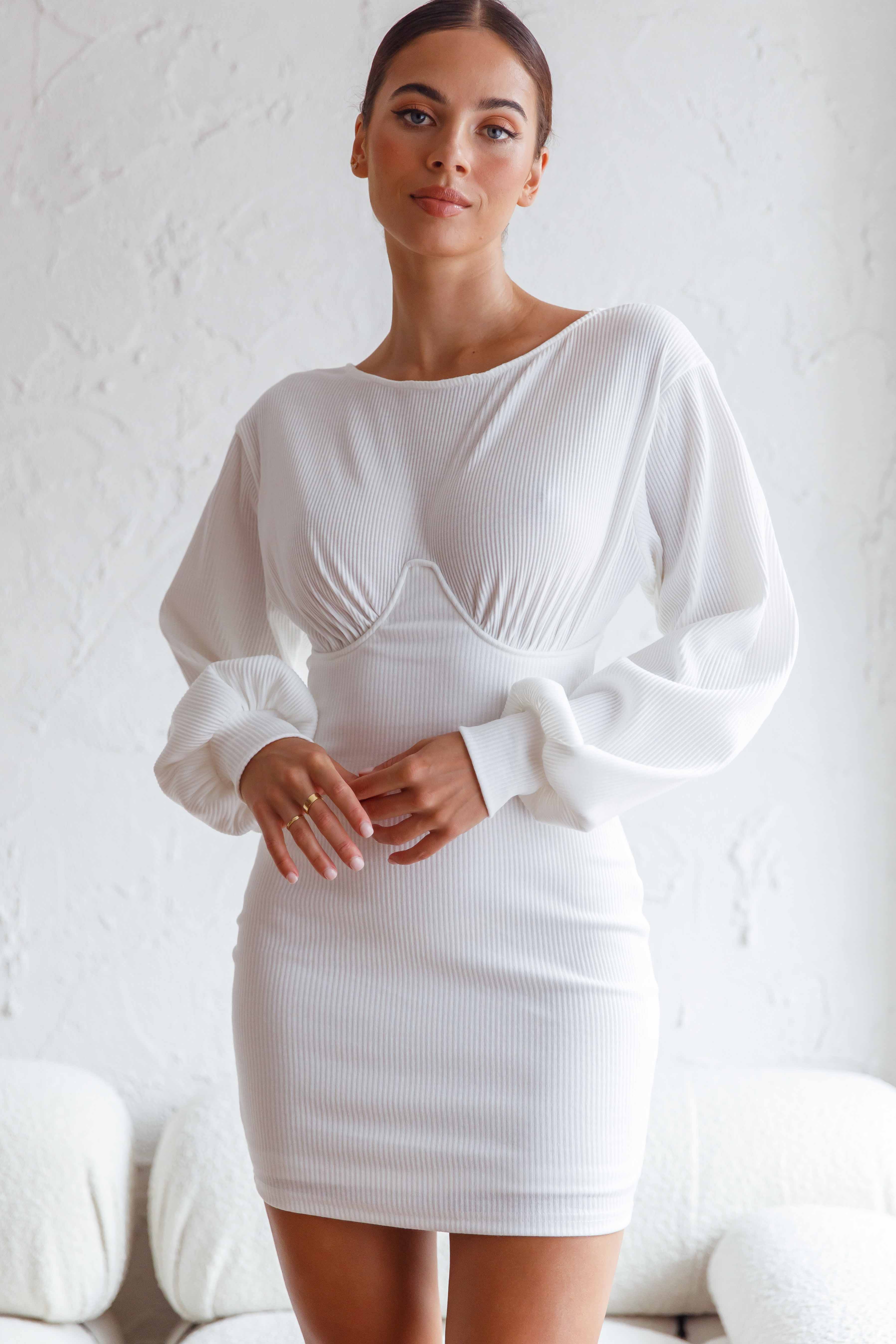 Sammy Long Balloon Sleeve Piping Detail Ribbed Dress White - Image 2