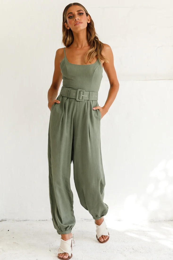 Santa Barbara Cuffed Hem Belted Jumpsuit Olive - Image 5