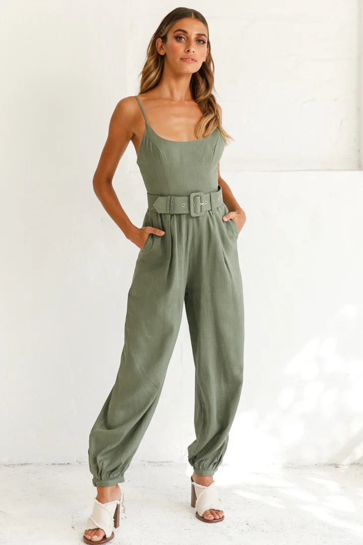Santa Barbara Cuffed Hem Belted Jumpsuit Olive - Image 6
