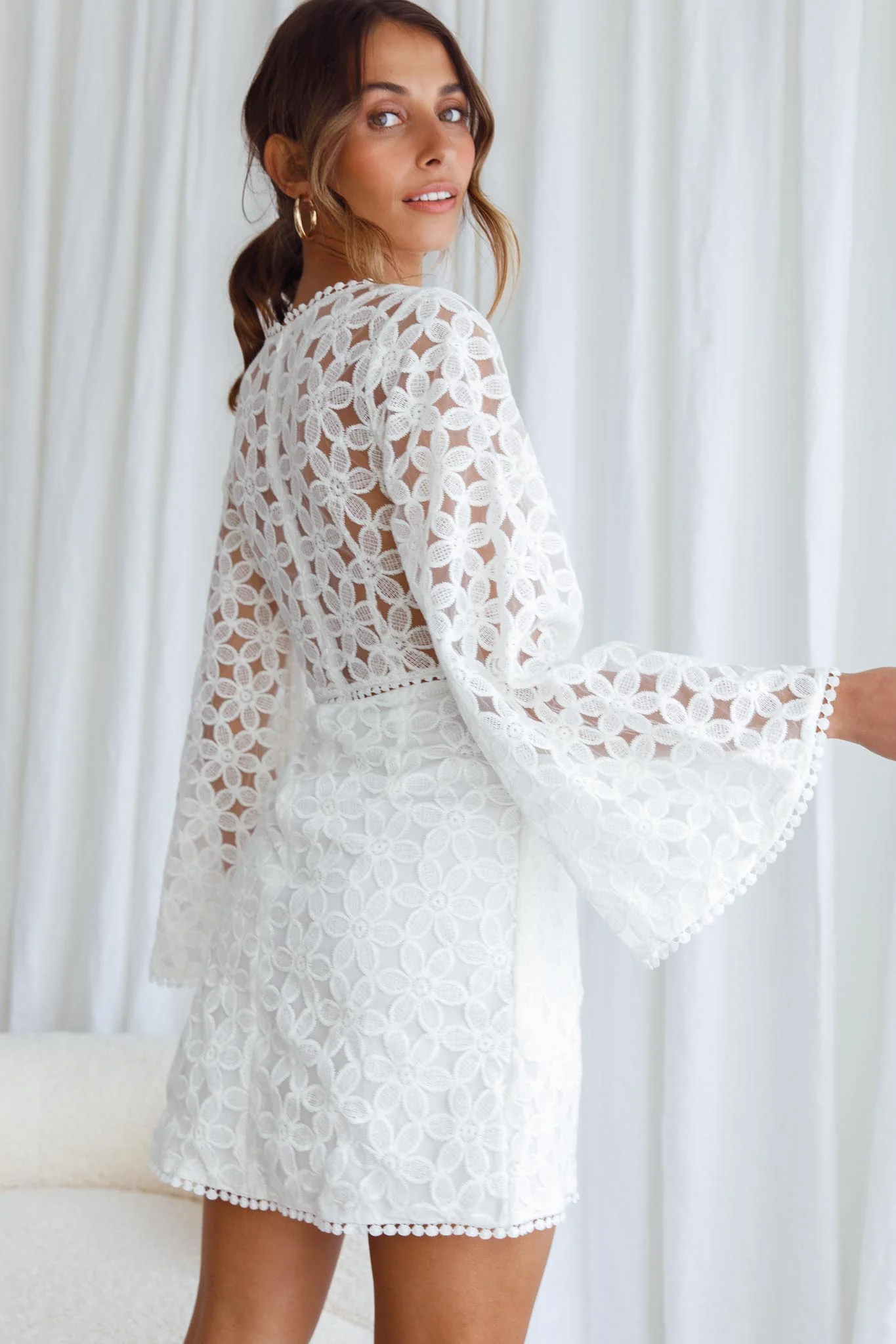 Santa Cruz Bell Sleeve Embroidered Wrap Mini Dress White - Image 6