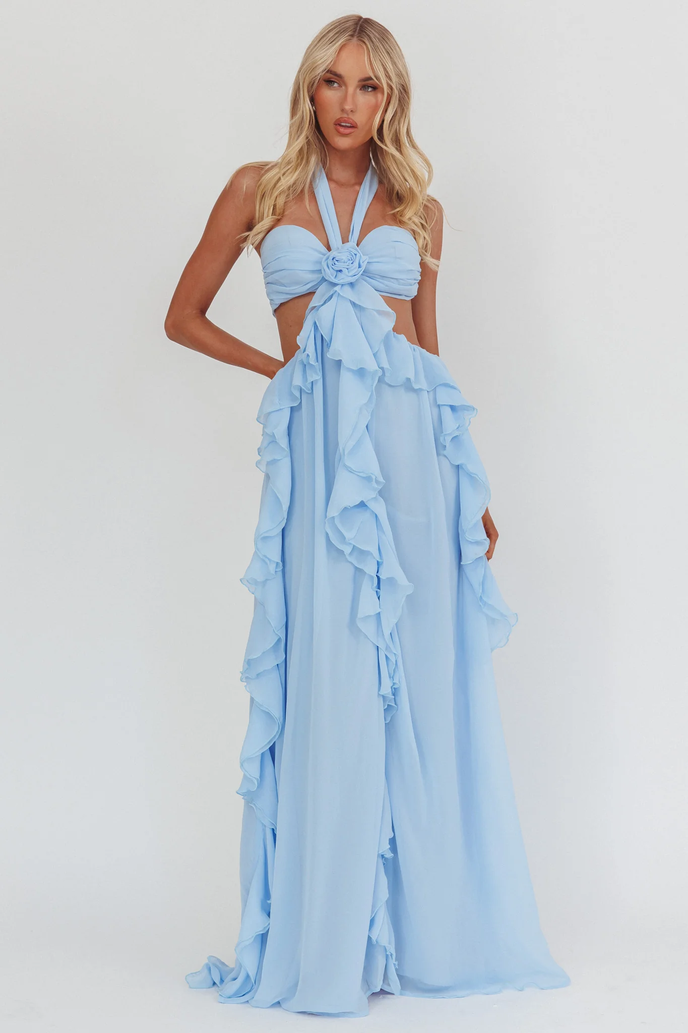 Santiago Cut-Out Ruffle Maxi Dress Ice Blue - Image 3