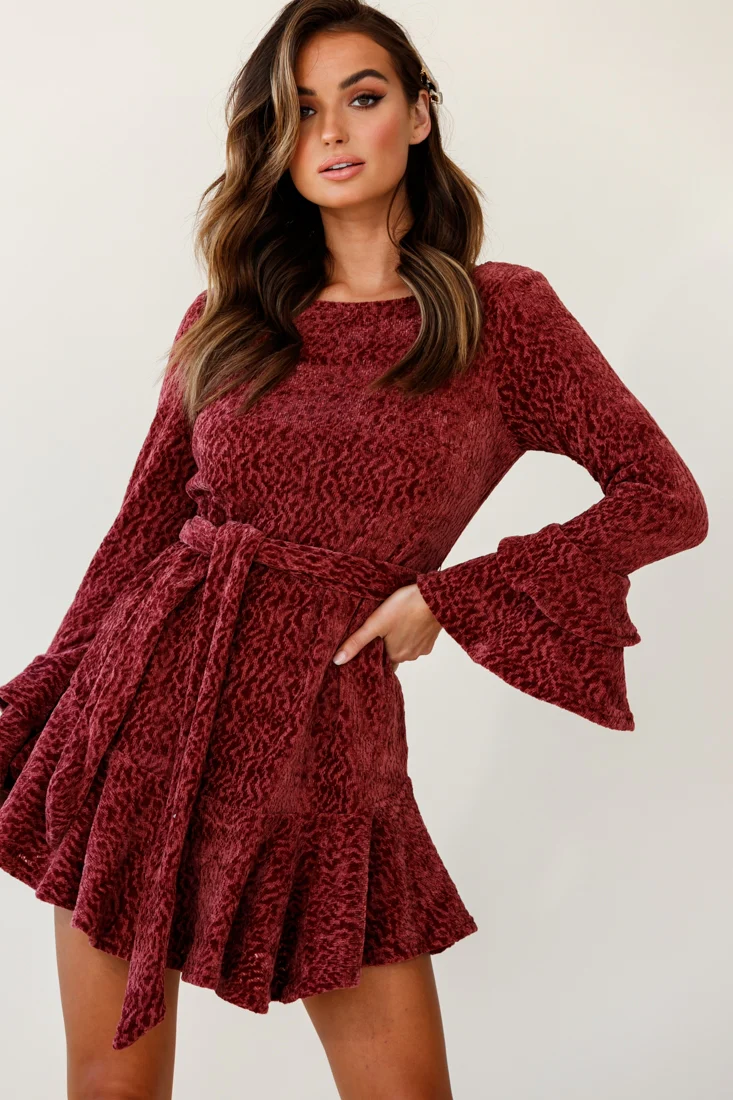 Saphira Long Sleeve Fluted Hem Knit Dress Rose - Image 3