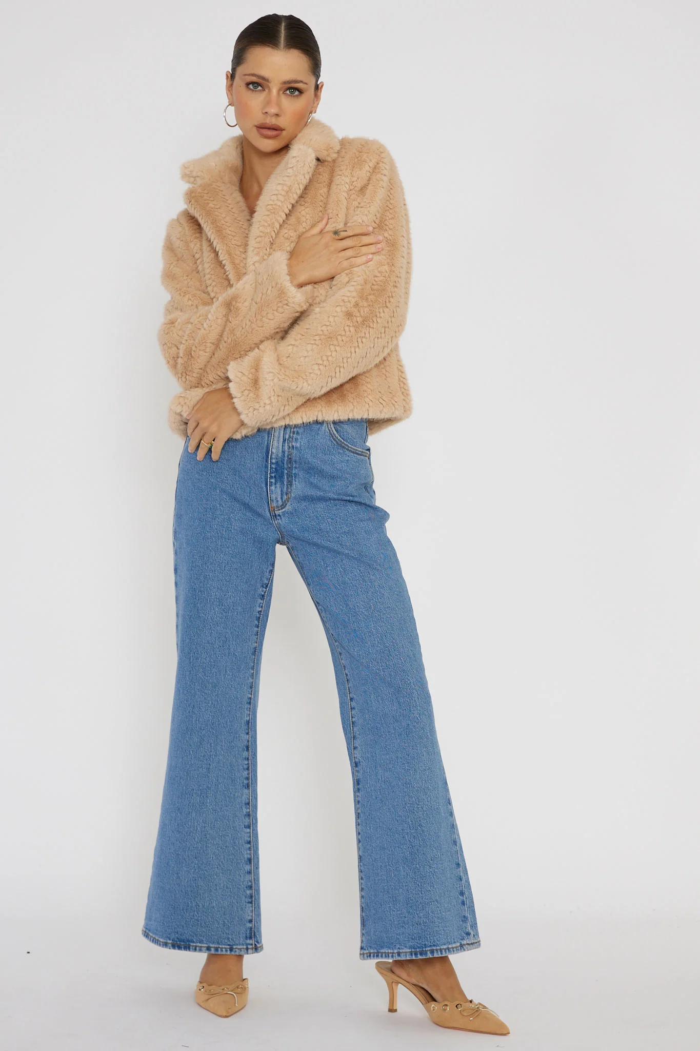 Savelle Notch Lapel Faux Fur Jacket Camel - Image 3