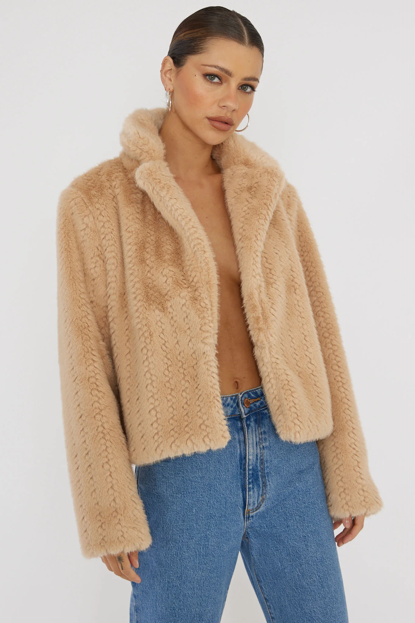 Savelle Notch Lapel Faux Fur Jacket Camel - Image 5