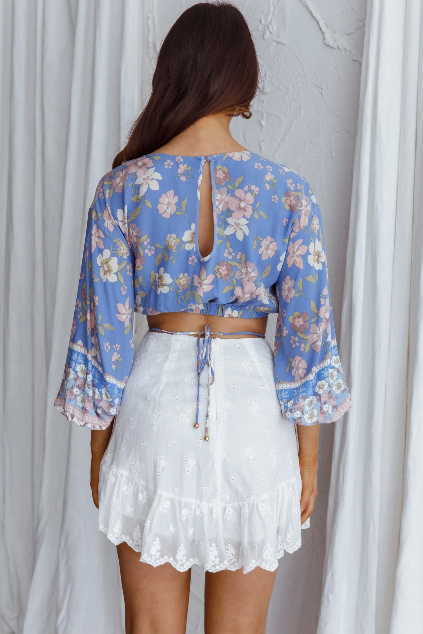 Sea View Long Sleeve Crop Top Floral Blue - Image 4