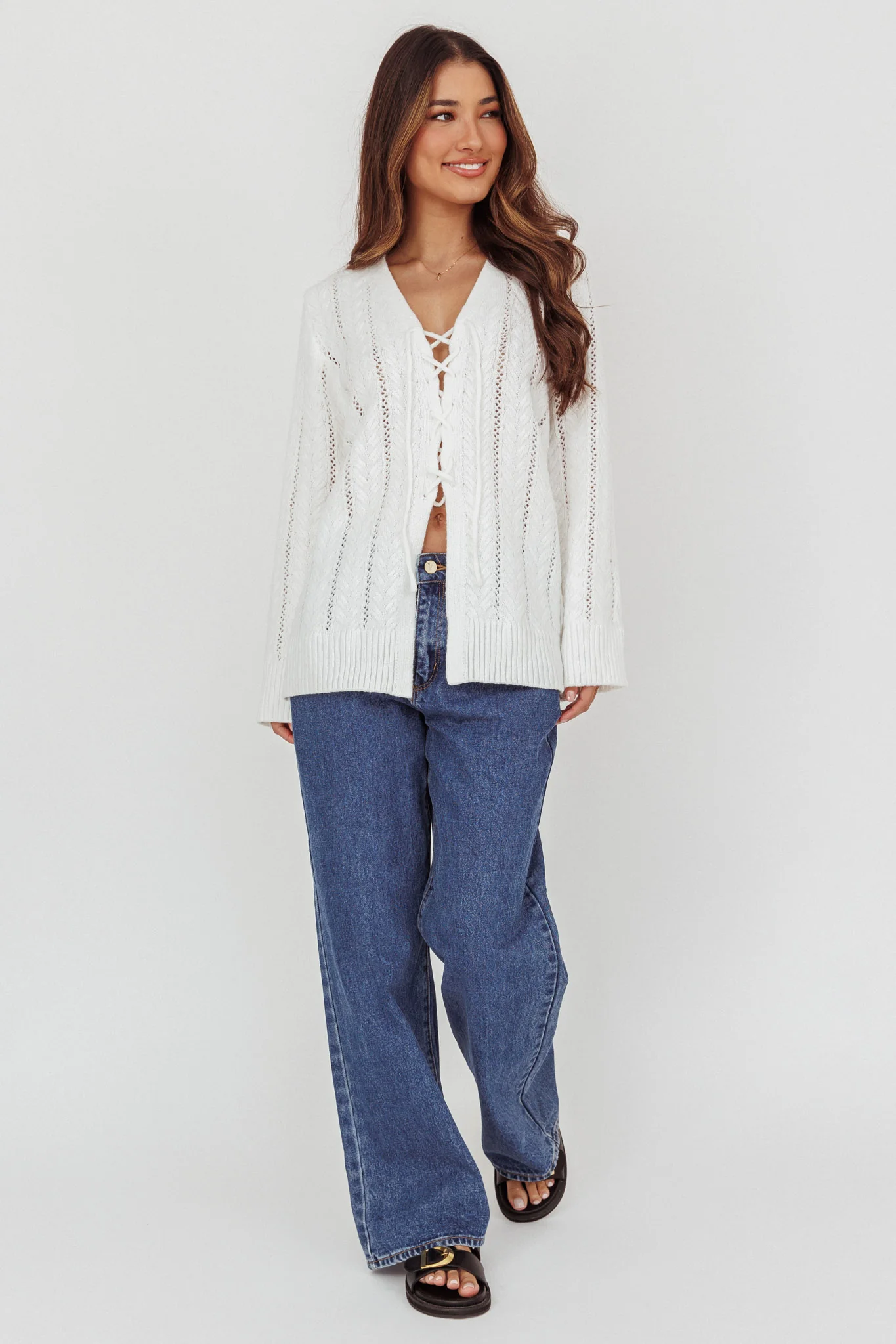Seattle Lace-Up Front Knit Top White - Image 4