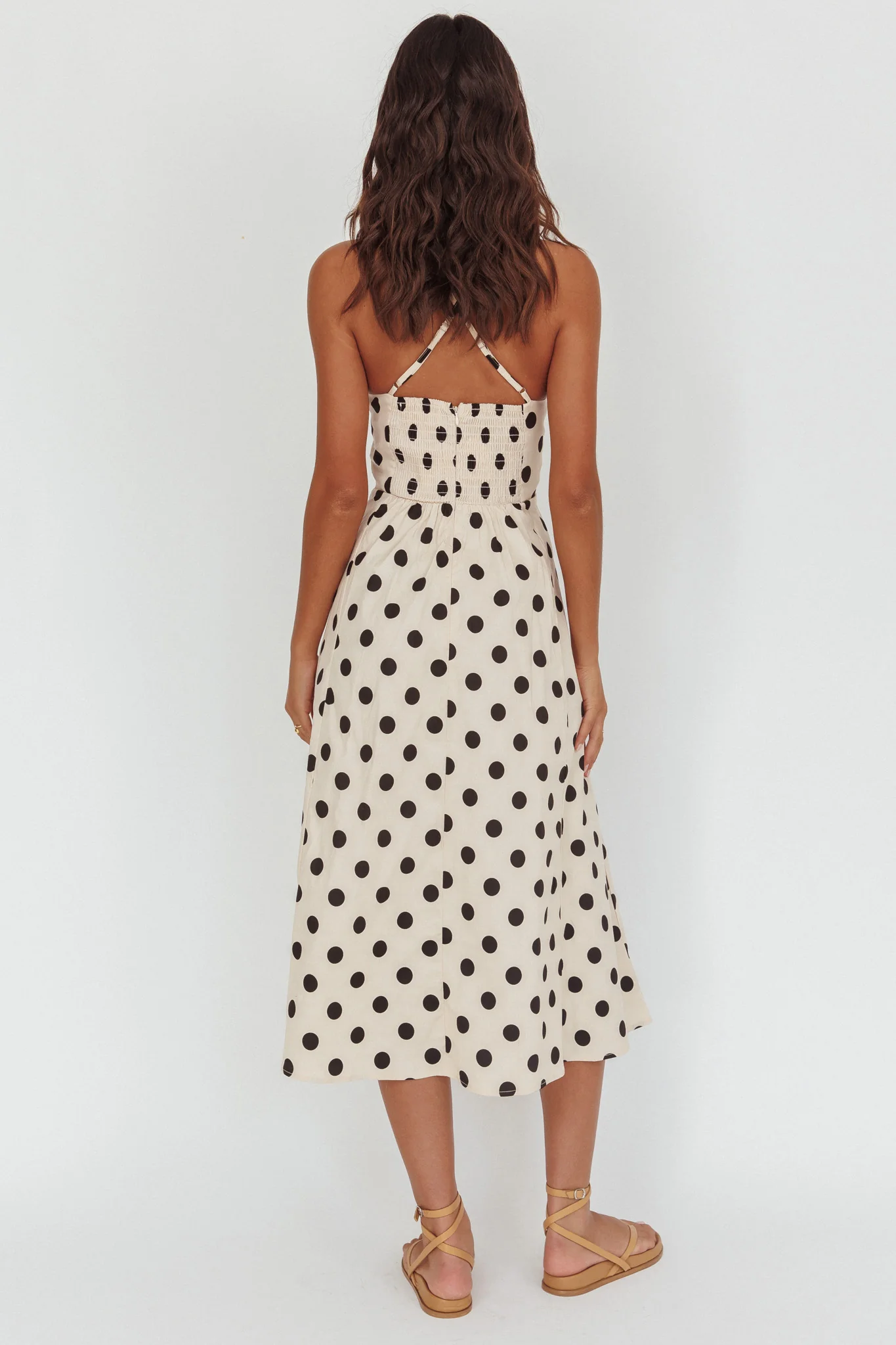 Second Glance Olga Criss-Cross Back Midi Dress Polka Dot Beige - Image 2