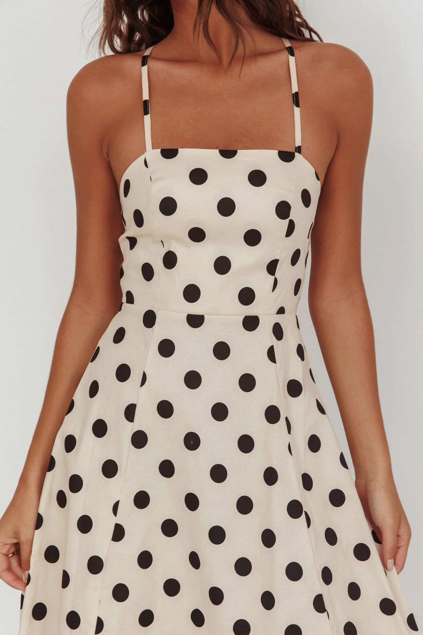 Second Glance Olga Criss-Cross Back Midi Dress Polka Dot Beige - Image 3