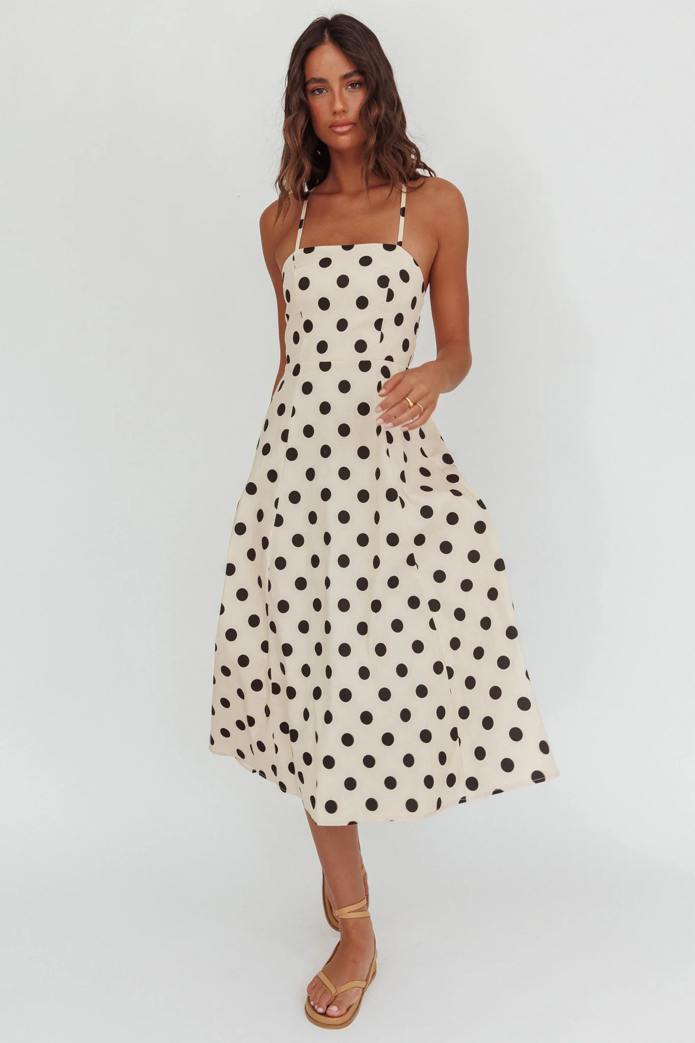 Second Glance Olga Criss-Cross Back Midi Dress Polka Dot Beige - Image 4