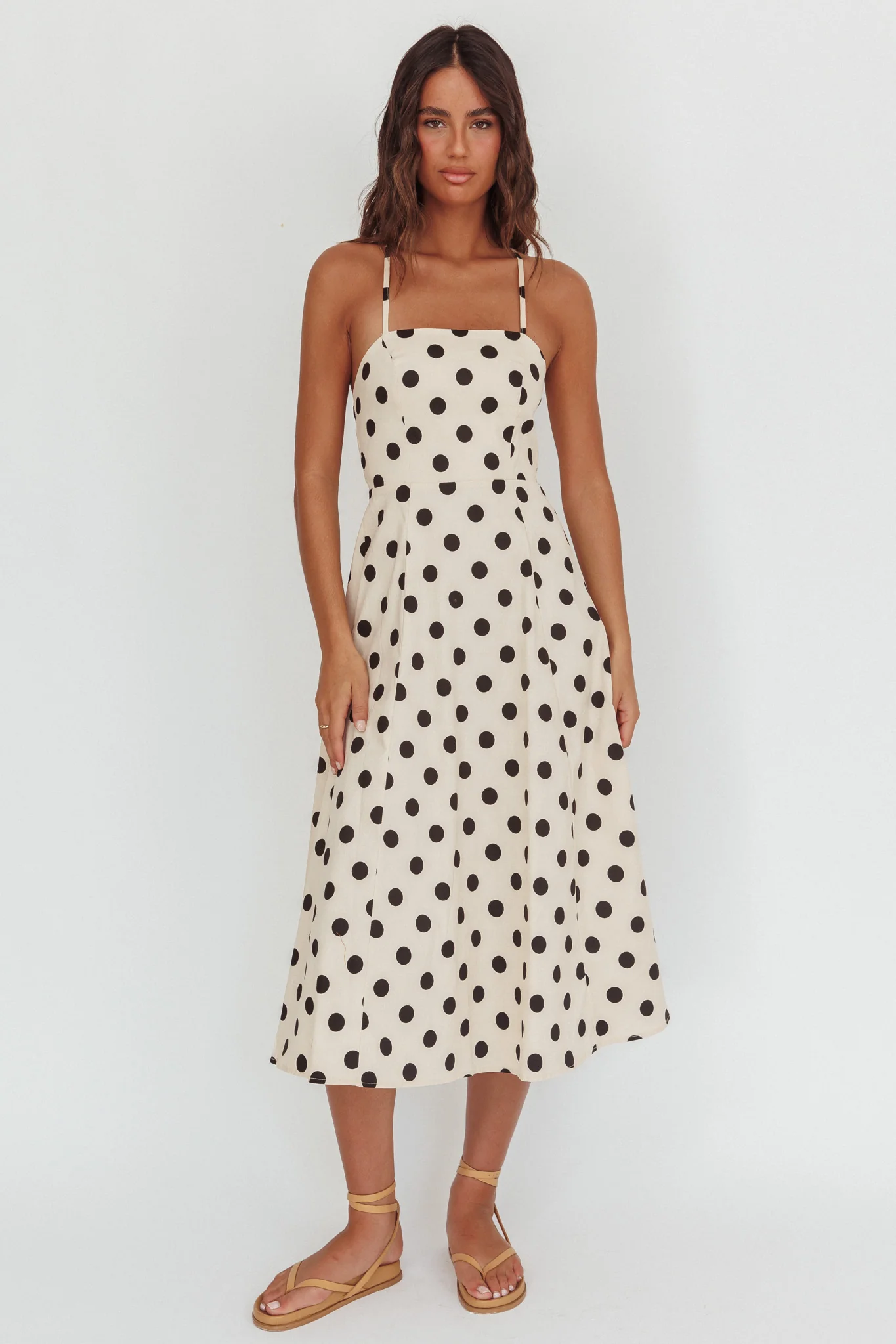Second Glance Olga Criss-Cross Back Midi Dress Polka Dot Beige - Image 5