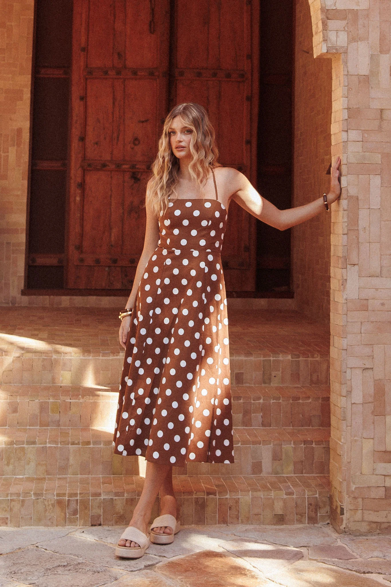 Second Glance Olga Criss-Cross Back Midi Dress Polka Dot Brown - Image 2