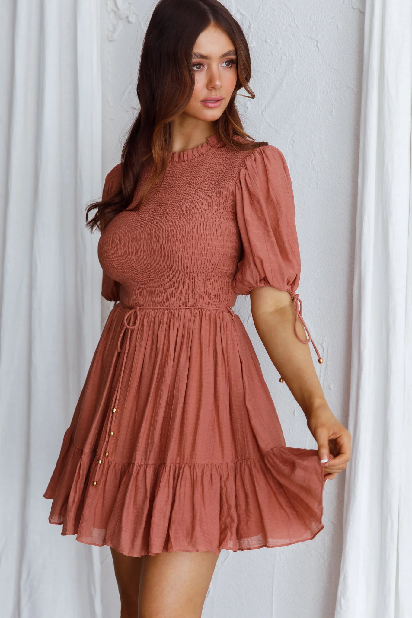 Secret Garden Puff Sleeve Smocked Bodice Dress Mocha - Image 5