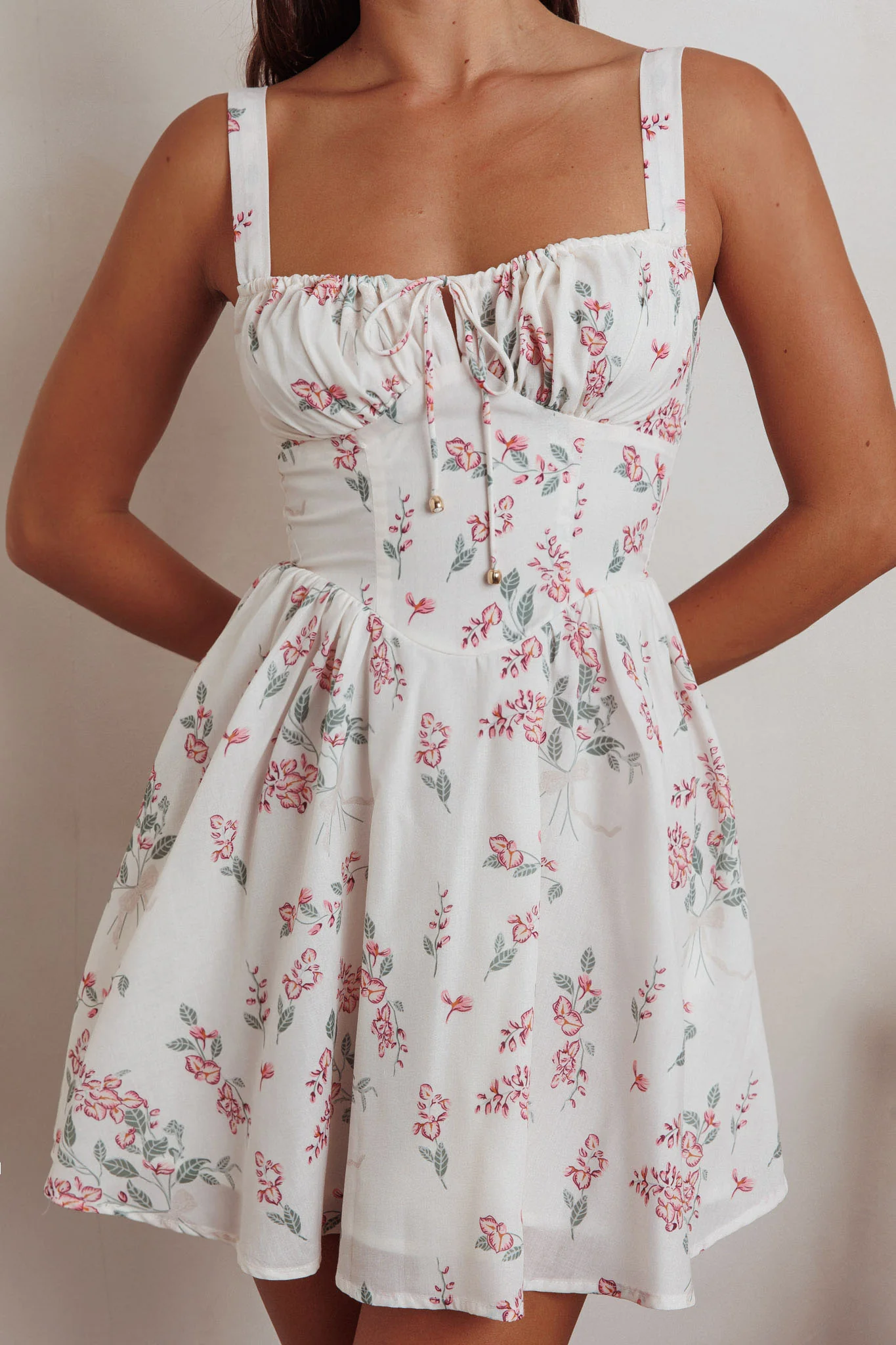 Seen The Light Tie Bust Mini Dress Floral Cream - Image 2
