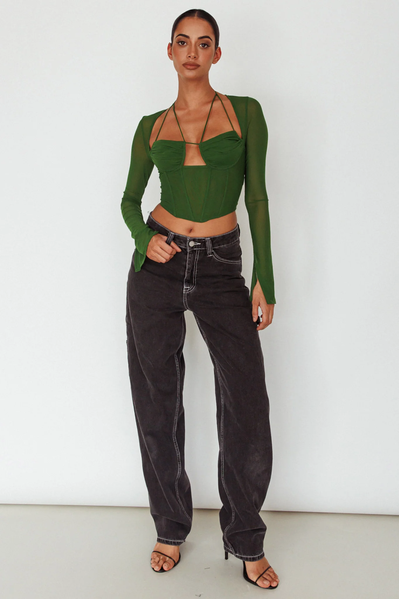 Sera Long Sleeve String Tie Top Forest - Image 3