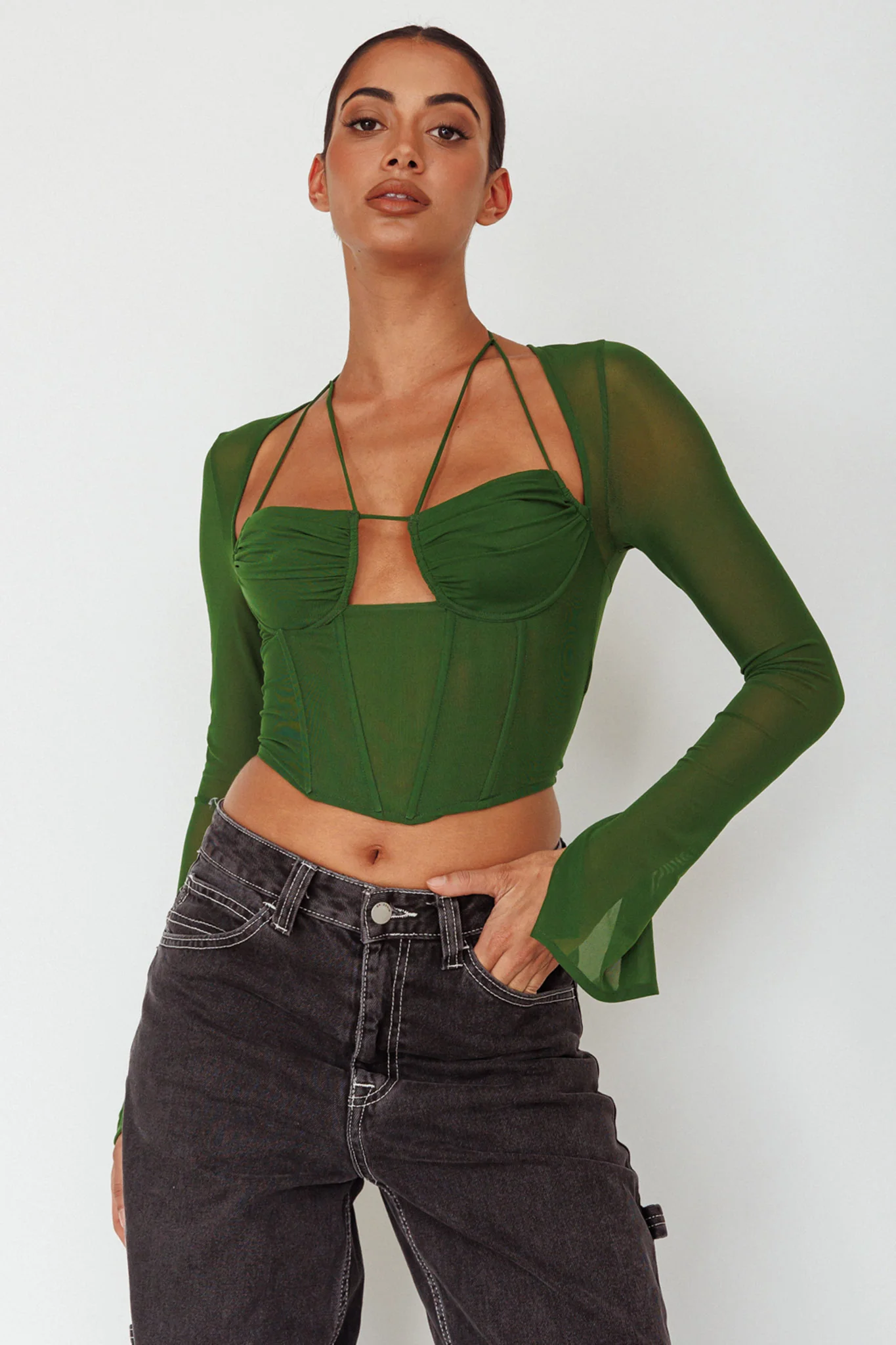 Sera Long Sleeve String Tie Top Forest - Image 4