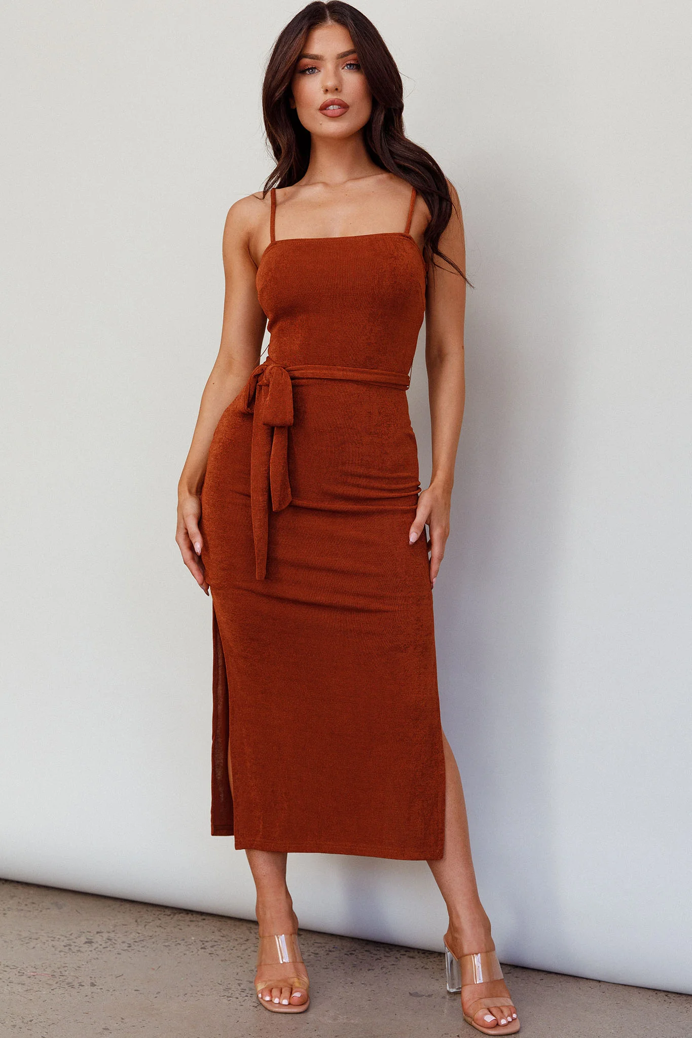Serenade Me Square Neckline Side Split Midi Dress Cinnamon - Image 6