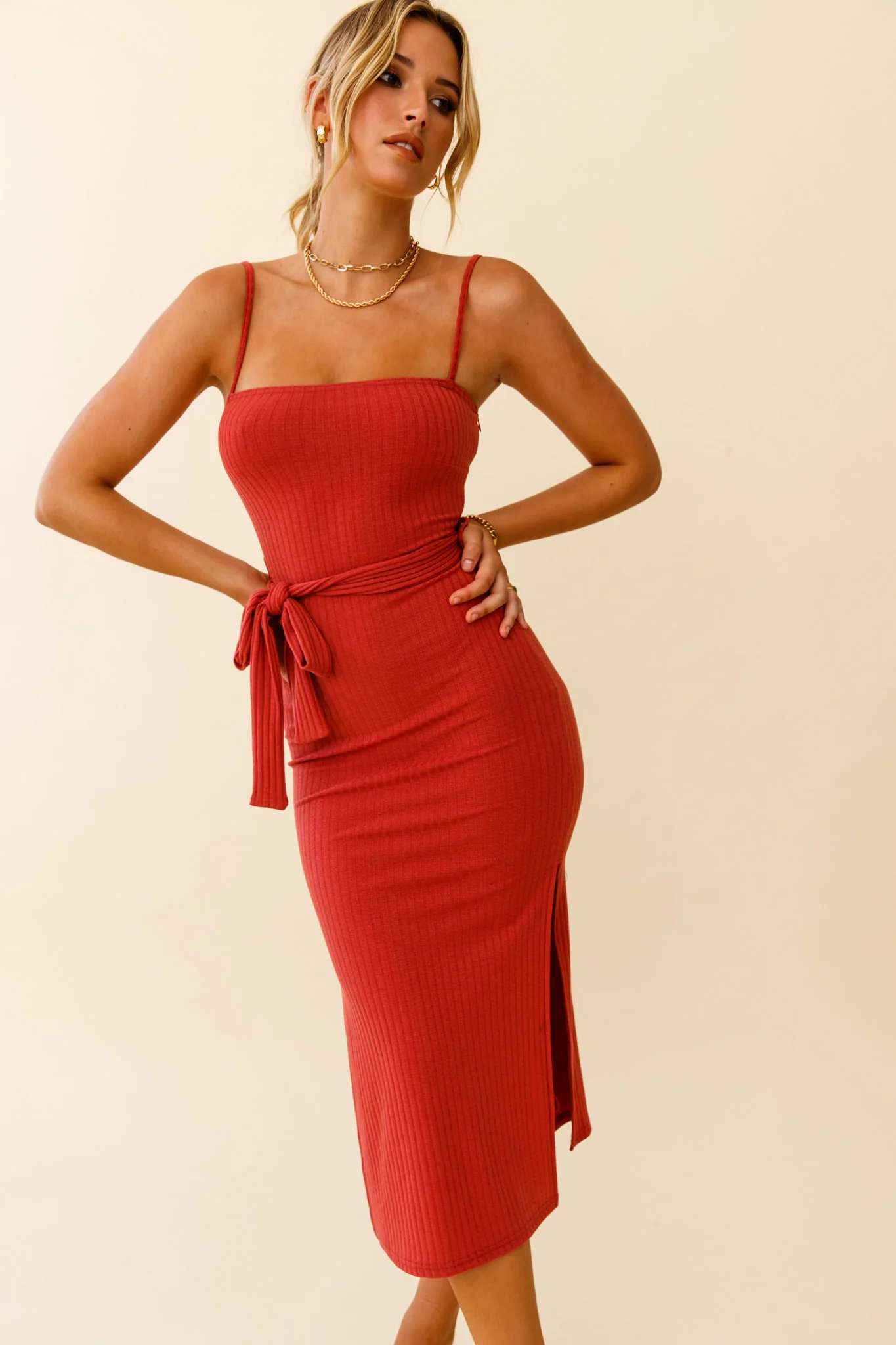 Serenade Me Square Neckline Side Split Midi Dress Rose - Image 3