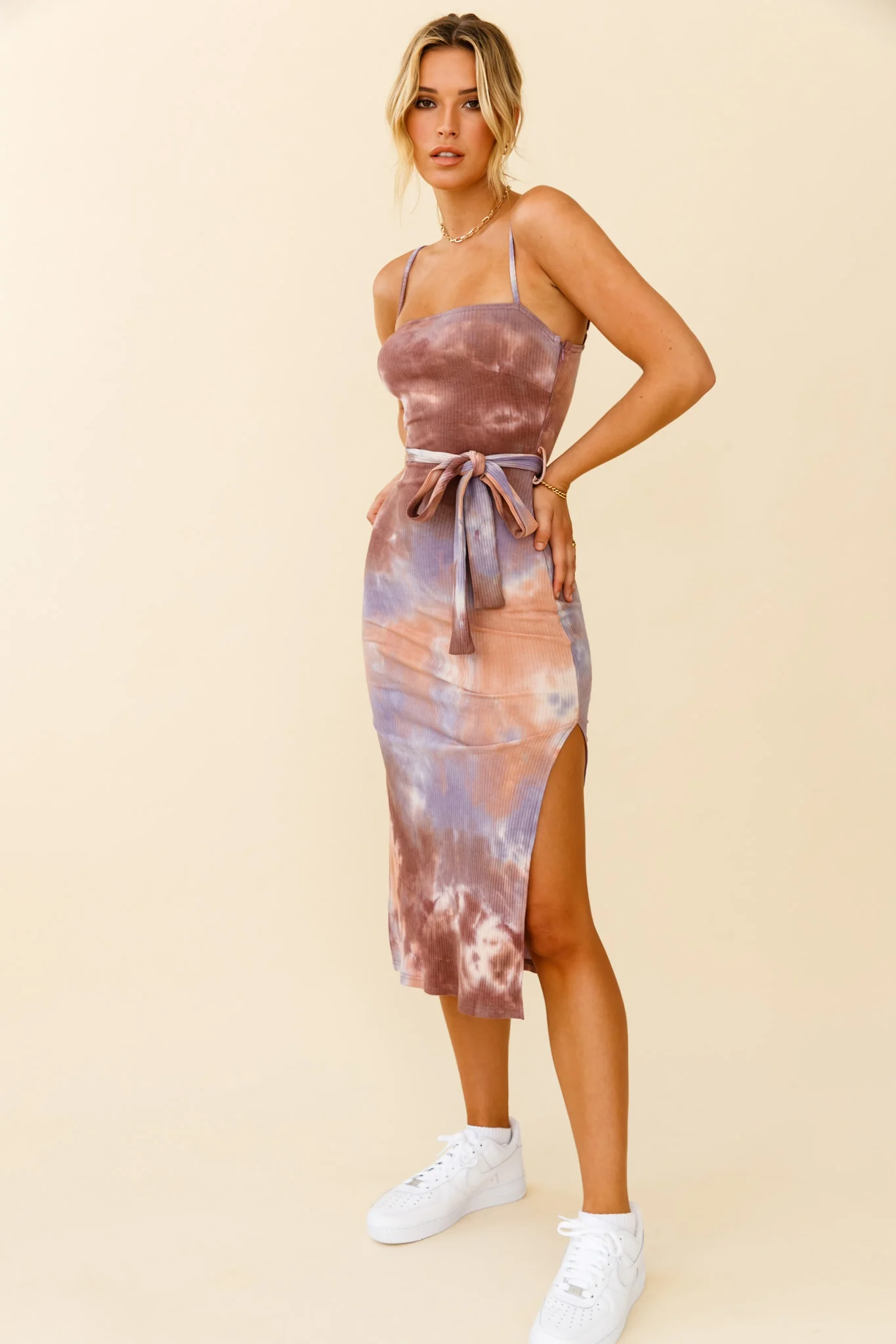 Serenade Me Square Neckline Side Split Midi Dress Tie Dye Brown/Lilac - Image 7