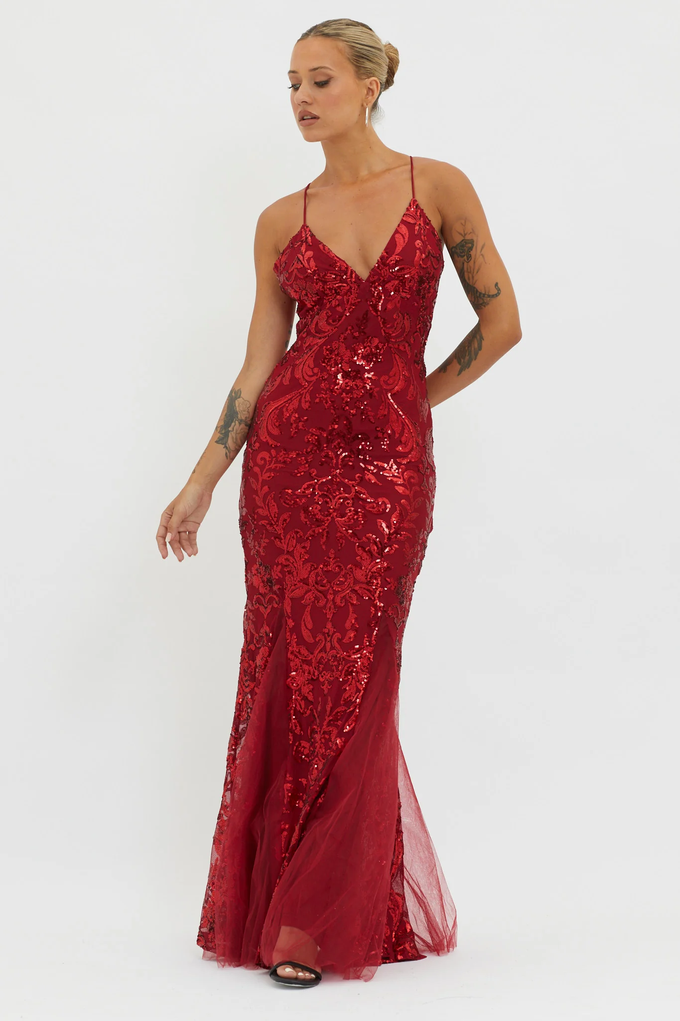 Serenade Song Godet Hem Sequin Maxi Dress Red - Image 5