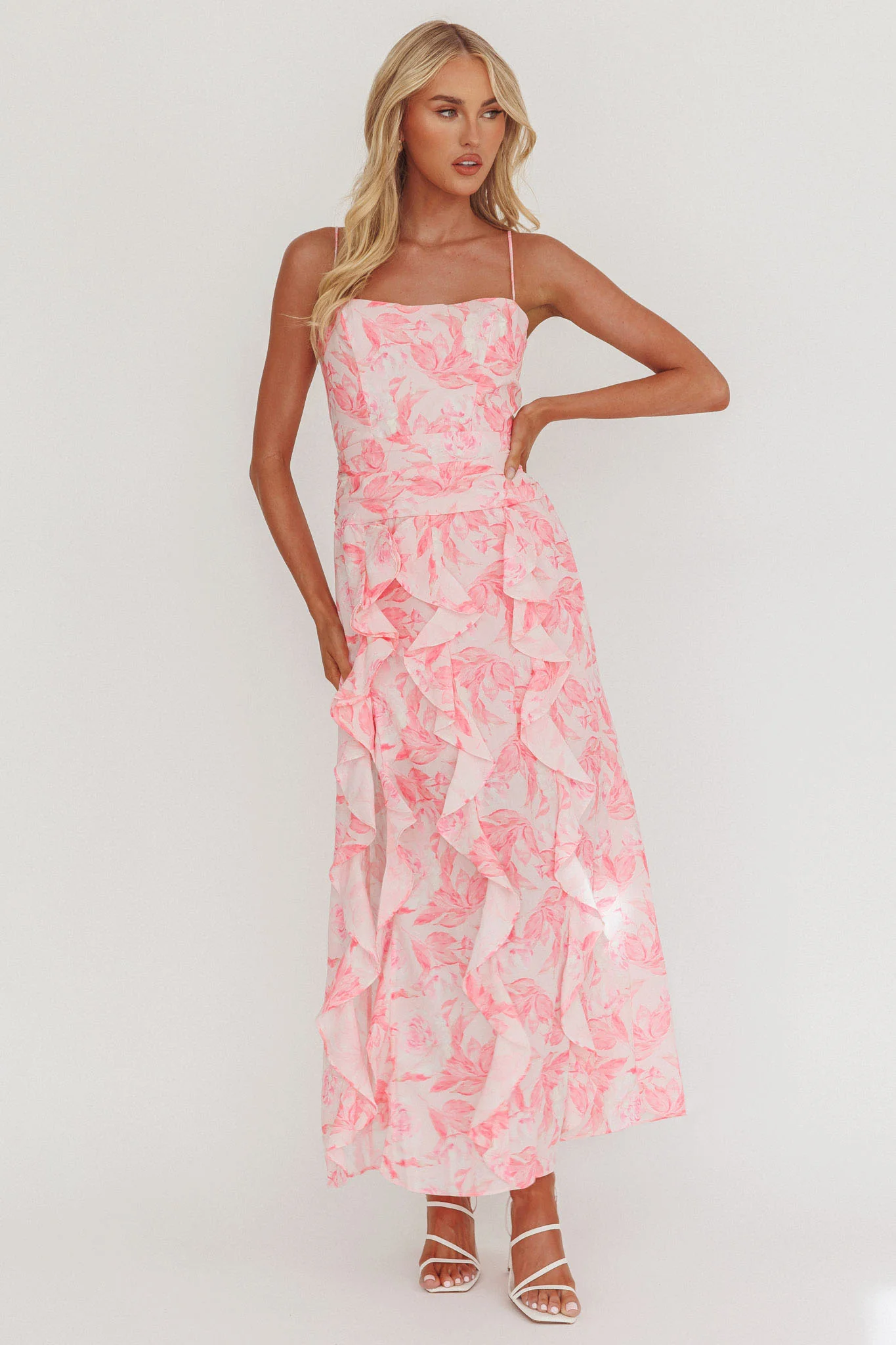 Serif Ruffle Trim Split Maxi Dress Pink - Image 2