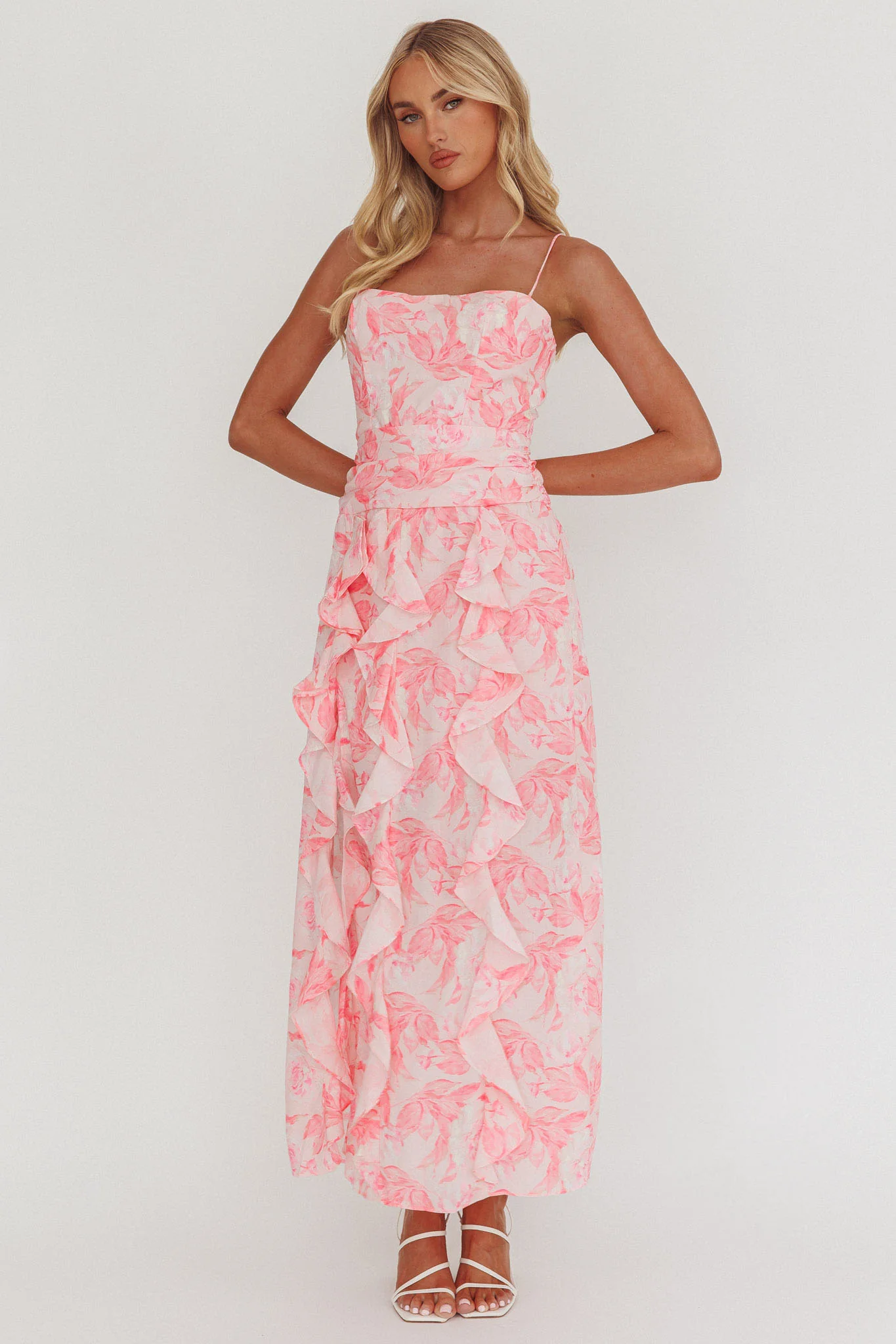 Serif Ruffle Trim Split Maxi Dress Pink - Image 5