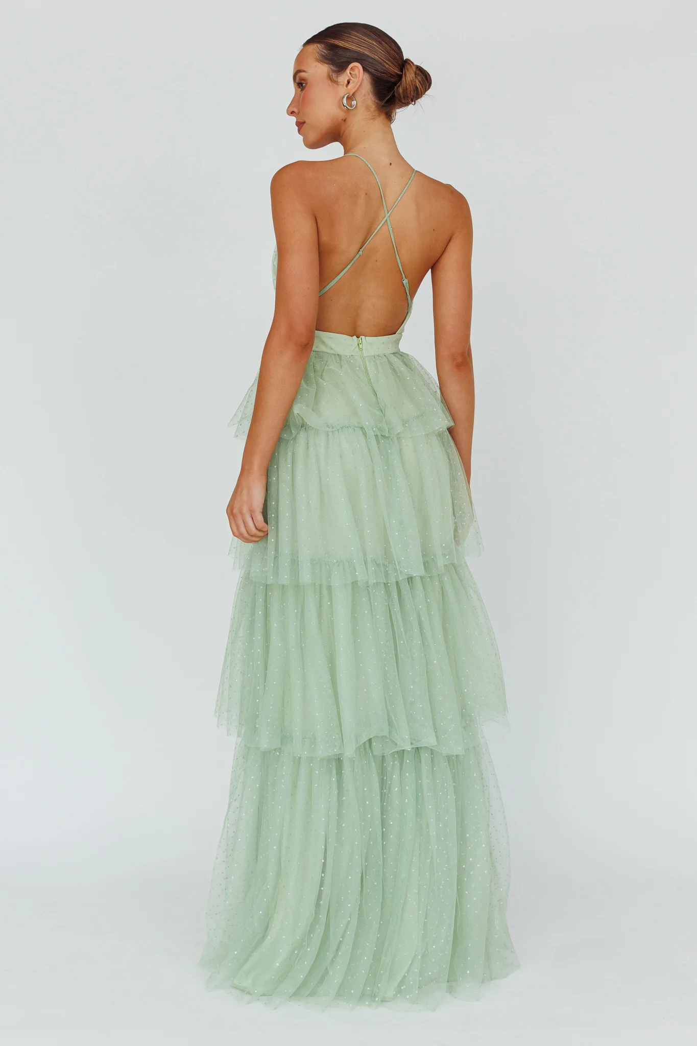 Seylah Tiered Frill Maxi Dress Glitter Sage - Image 2