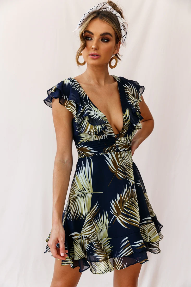 Shaina Pintuck Placket Empire Cut Dress Palm Print Navy - Image 5