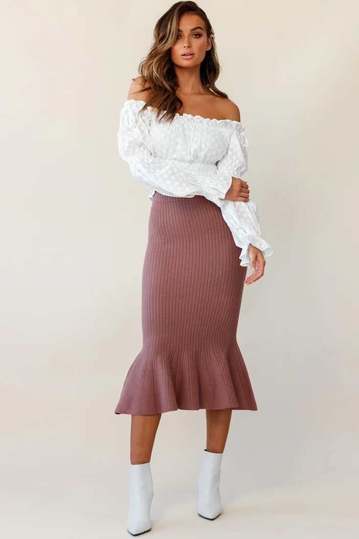 Shalon Ribbed Knit Fluted Hem Midi Skirt Antique Rose - Image 2