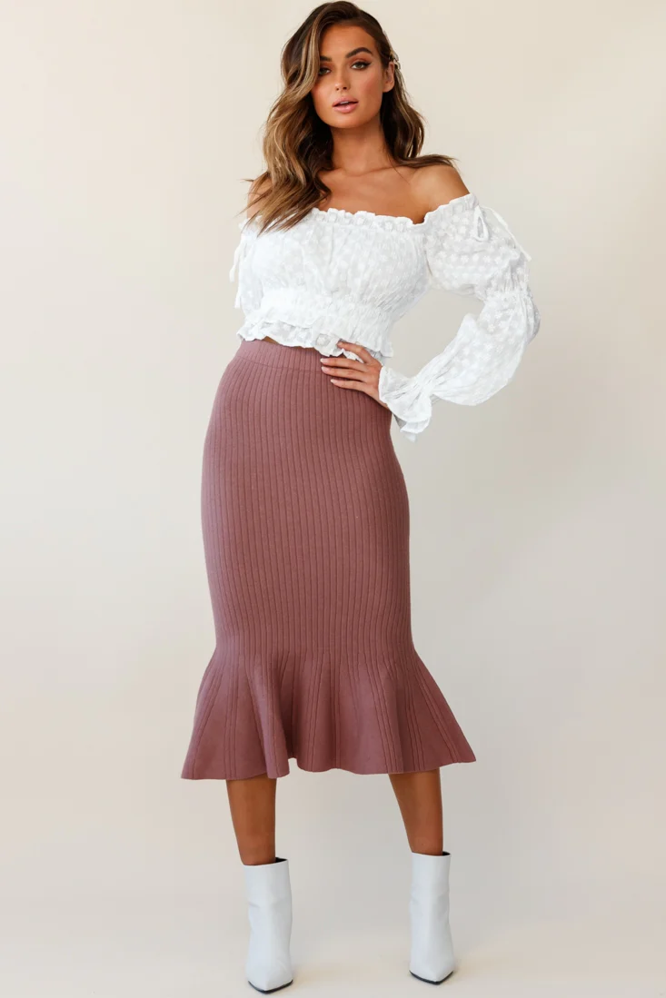 Shalon Ribbed Knit Fluted Hem Midi Skirt Antique Rose - Image 3