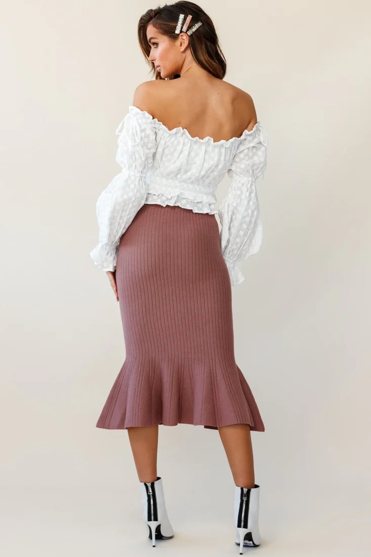 Shalon Ribbed Knit Fluted Hem Midi Skirt Antique Rose - Image 4