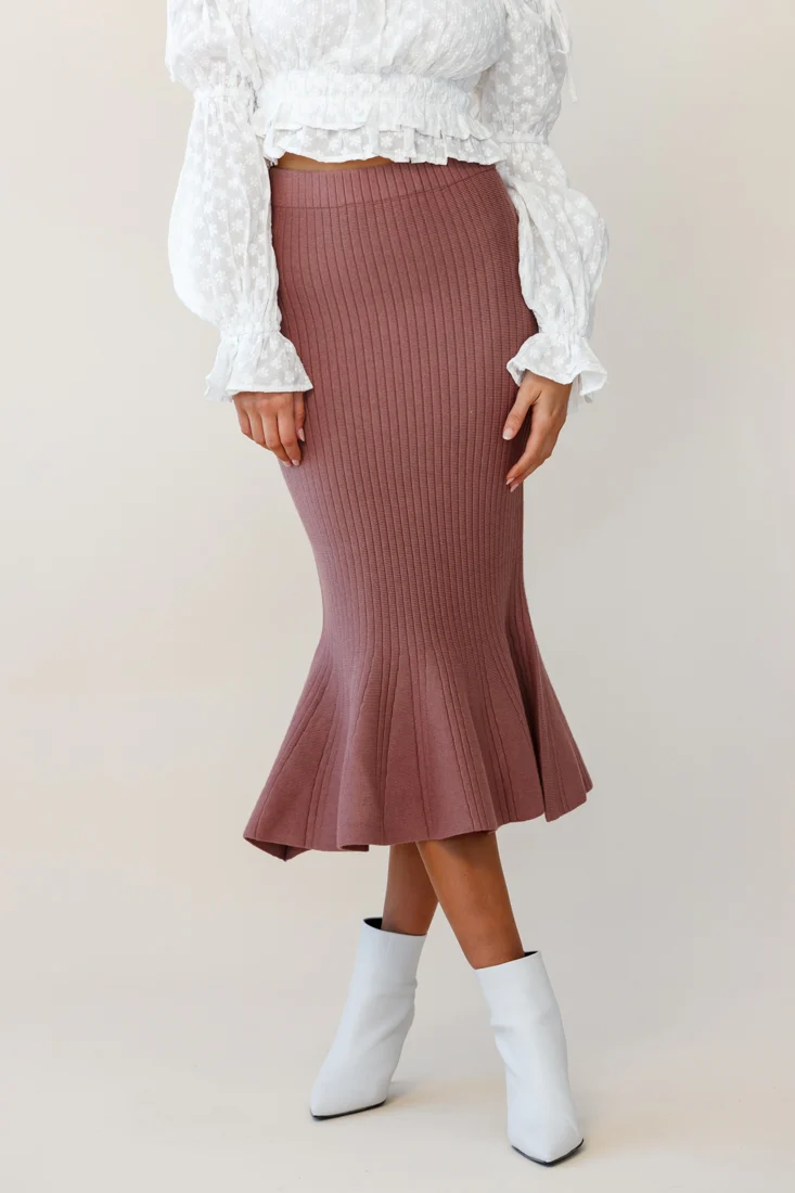 Shalon Ribbed Knit Fluted Hem Midi Skirt Antique Rose - Image 5