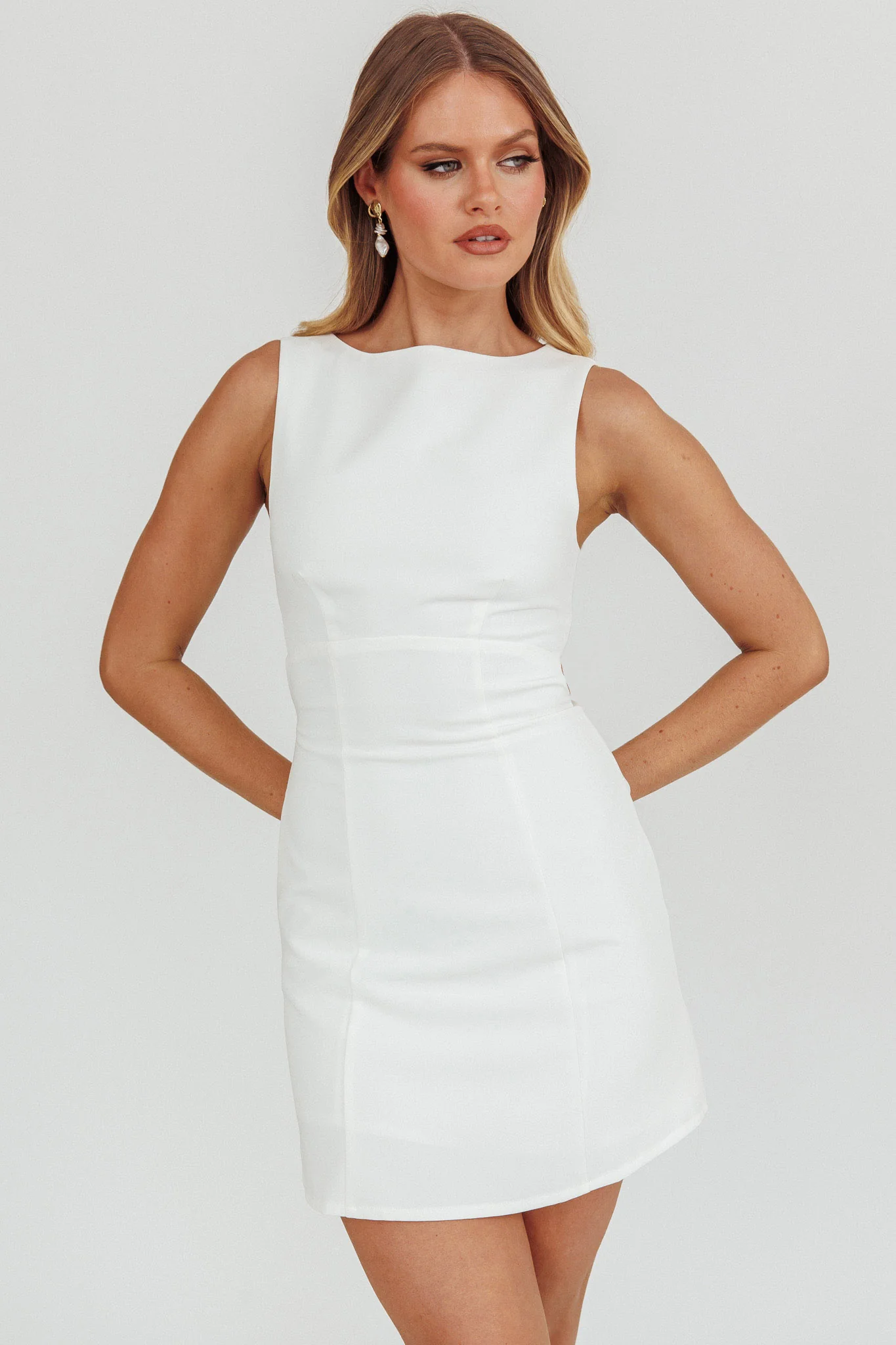 Shannon Boat Neck Sleeveless Mini Dress White - Image 6