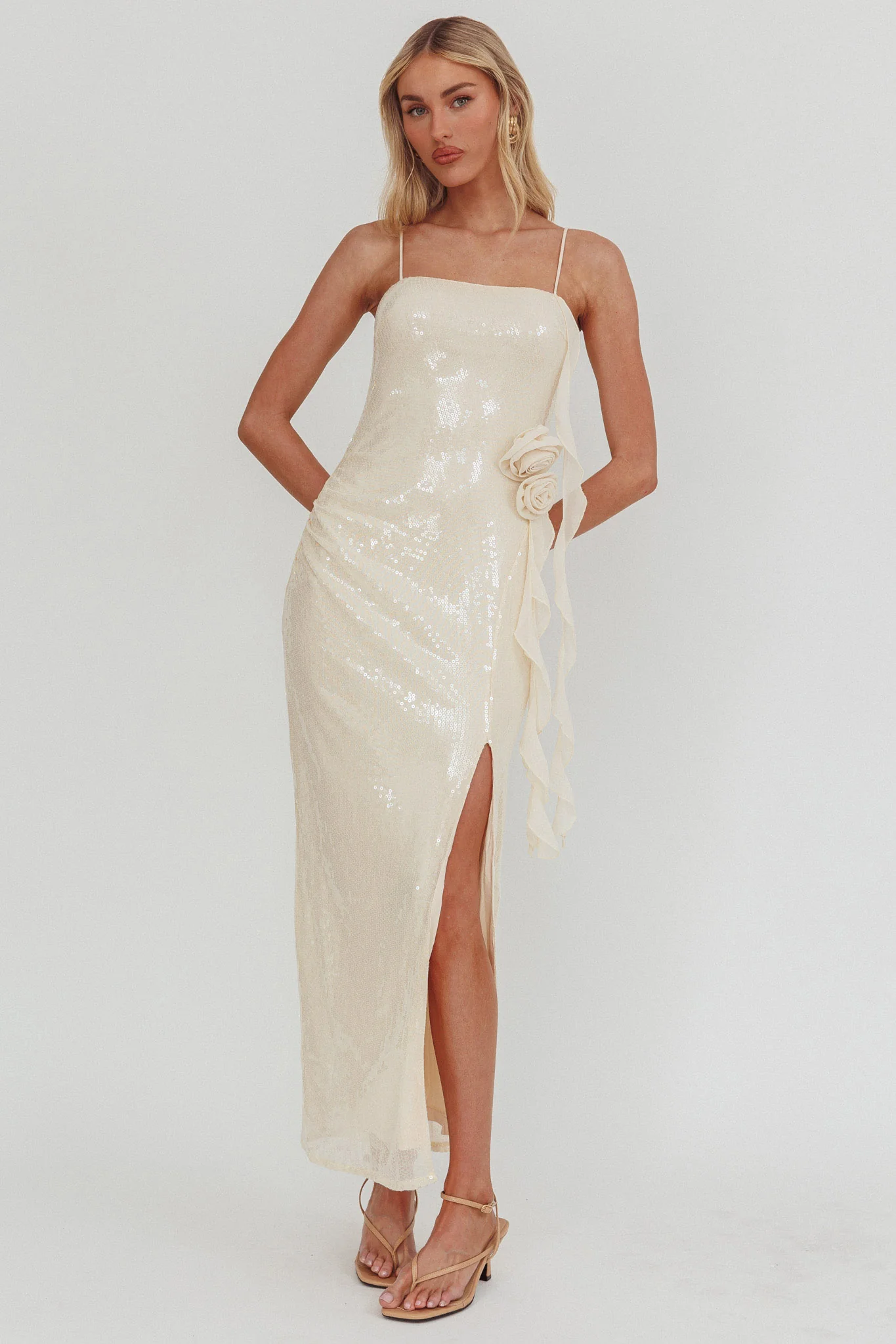 She Glows Cami Strap Sequin Maxi Dress Champagne - Image 5