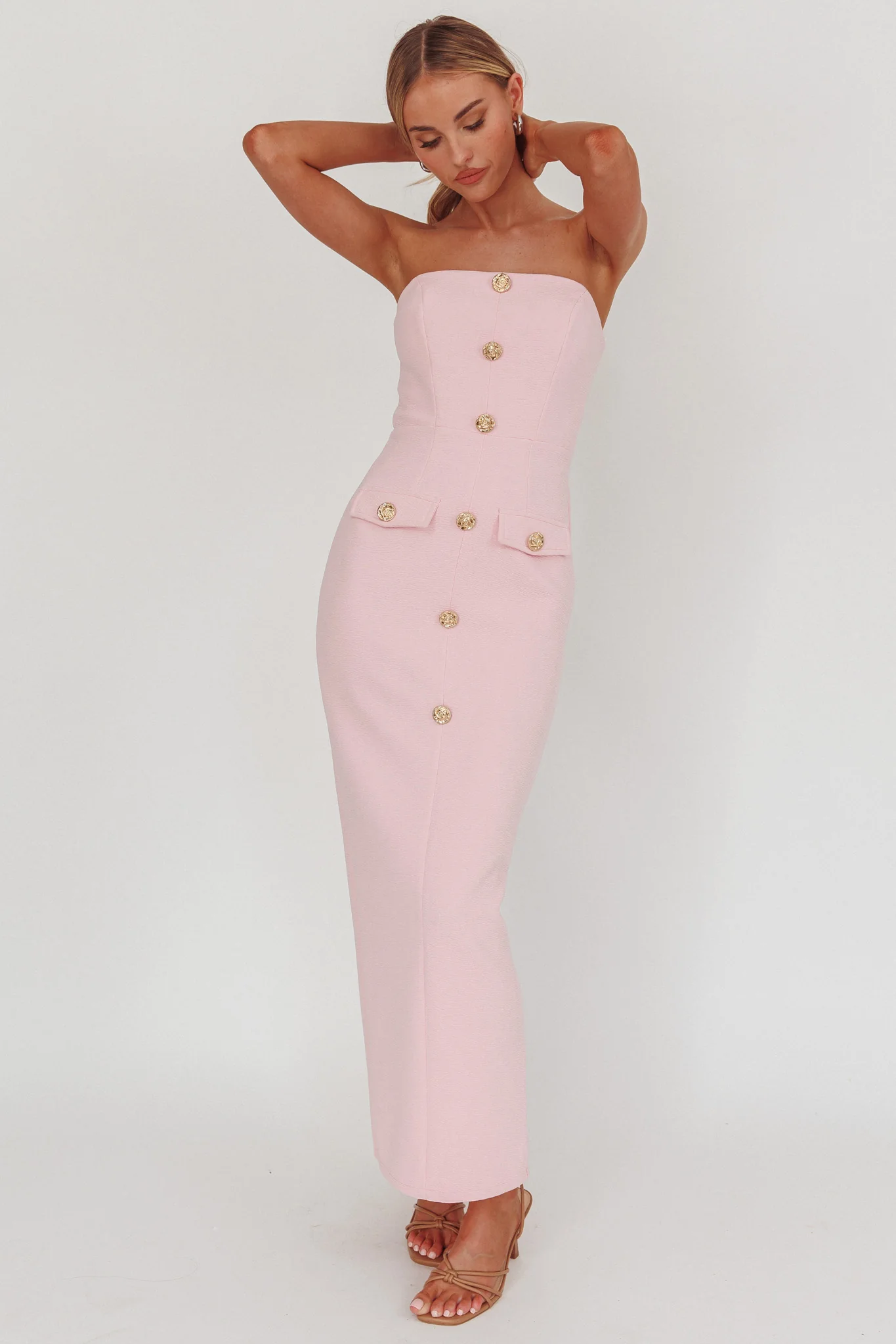 She Is Button Front Strapless Maxi Dress Pink - Image 4